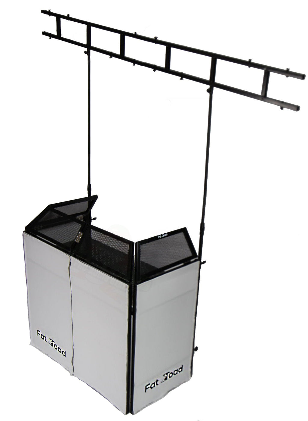 DJ Booth Tabletop With 8FT Lighting Truss Stand Package by FAT TOAD - Foldable Panel Portable Stage Platform Facade Scrim Cover, Video Light Display GeekStands.com