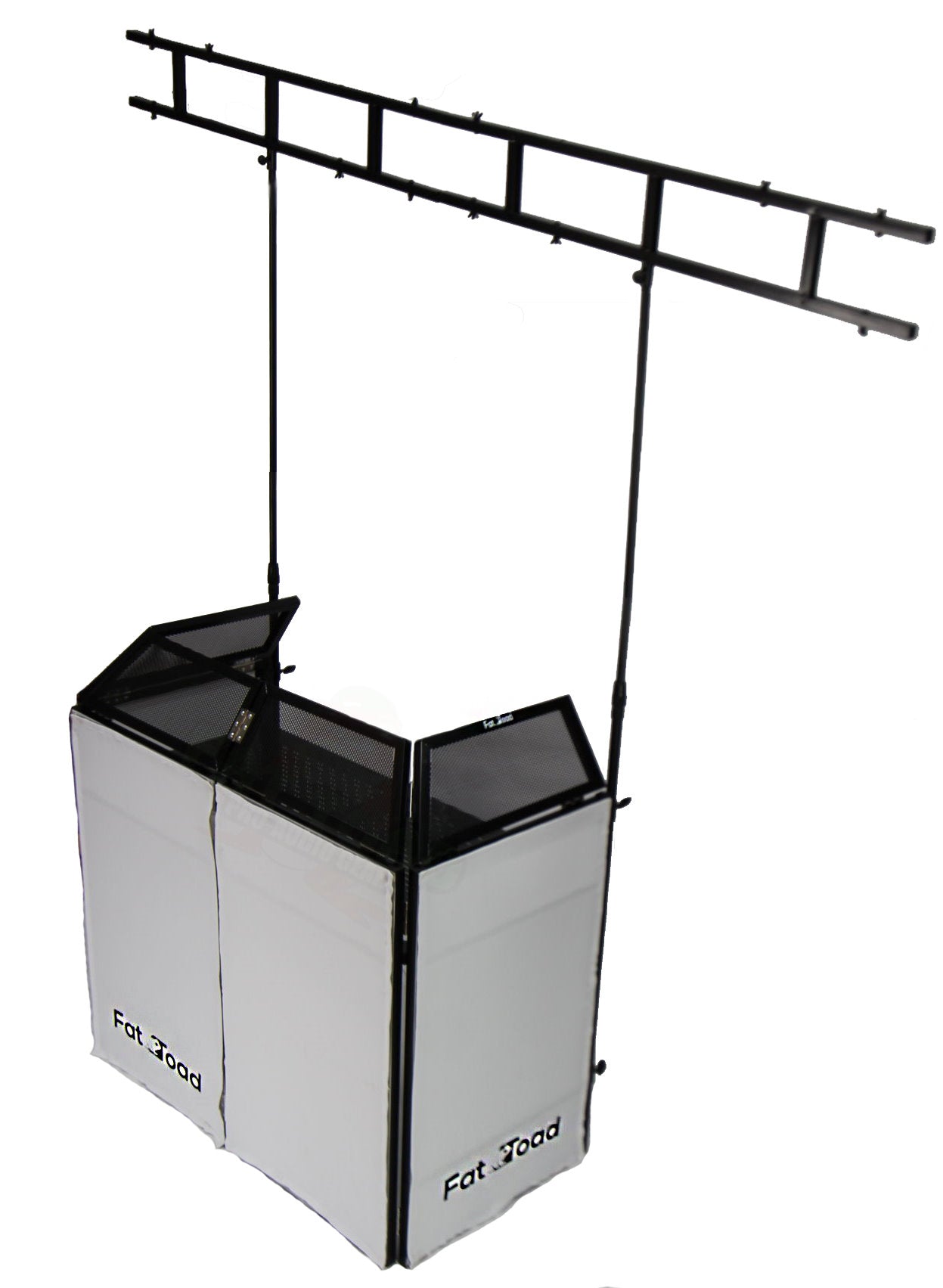 DJ Booth Tabletop With 8FT Lighting Truss Stand Package by FAT TOAD - Foldable Panel Portable Stage Platform Facade Scrim Cover, Video Light Display GeekStands.com