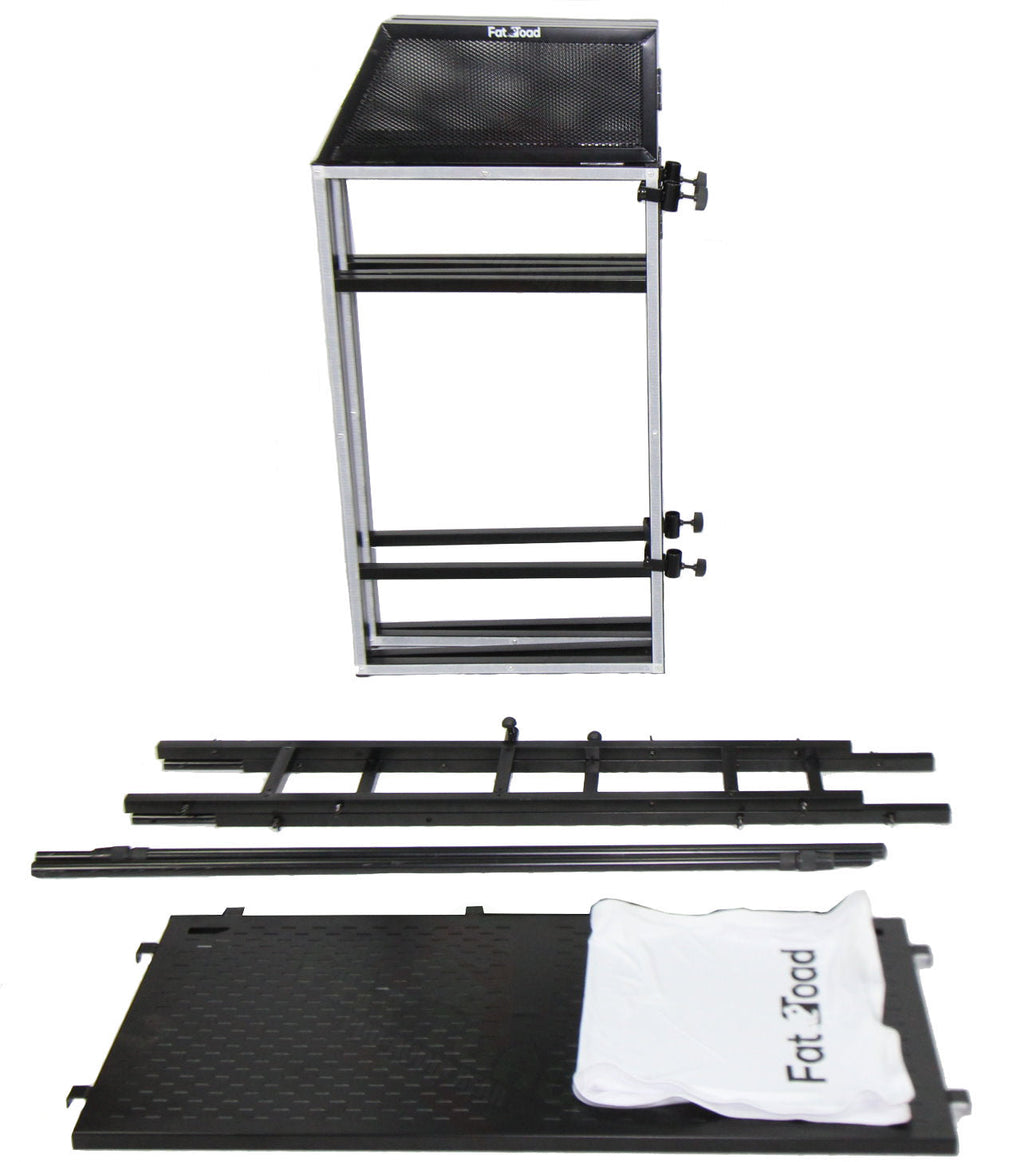 DJ Booth Tabletop With 8FT Lighting Truss Stand Package by FAT TOAD - Foldable Panel Portable Stage Platform Facade Scrim Cover, Video Light Display GeekStands.com