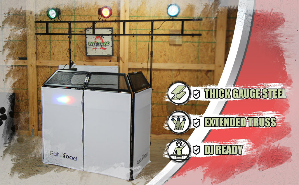 DJ Booth Tabletop With 8FT Lighting Truss Stand Package by FAT TOAD - Foldable Panel Portable Stage Platform Facade Scrim Cover, Video Light Display GeekStands.com