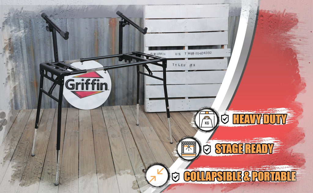 GRIFFIN 2-Tier DJ Coffin Workstation Stand - Double Table Top Keyboard & Laptop Holder - Duel Level Digital Piano Rack Mount Platform for Studio Mixer GeekStands.com