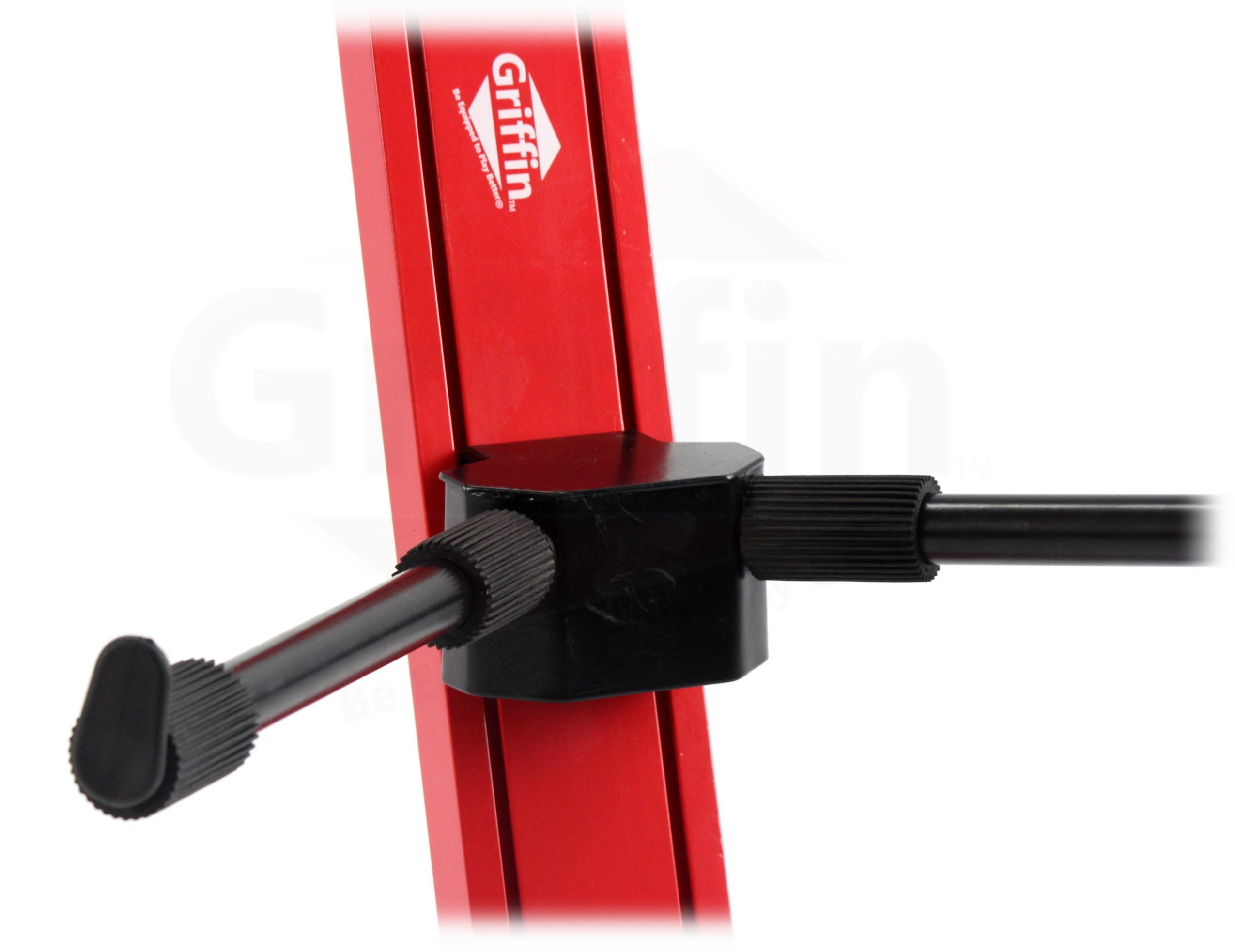 2-Tier Column Keyboard Stand with Mic Boom Arm by GRIFFIN | Double Sliding Multi Mounting Platform Red Stage Tower Rack | Holder for Digital Piano, Turntable, DJ Audio Gear, Studio Laptop Synthesizer GeekStands.com