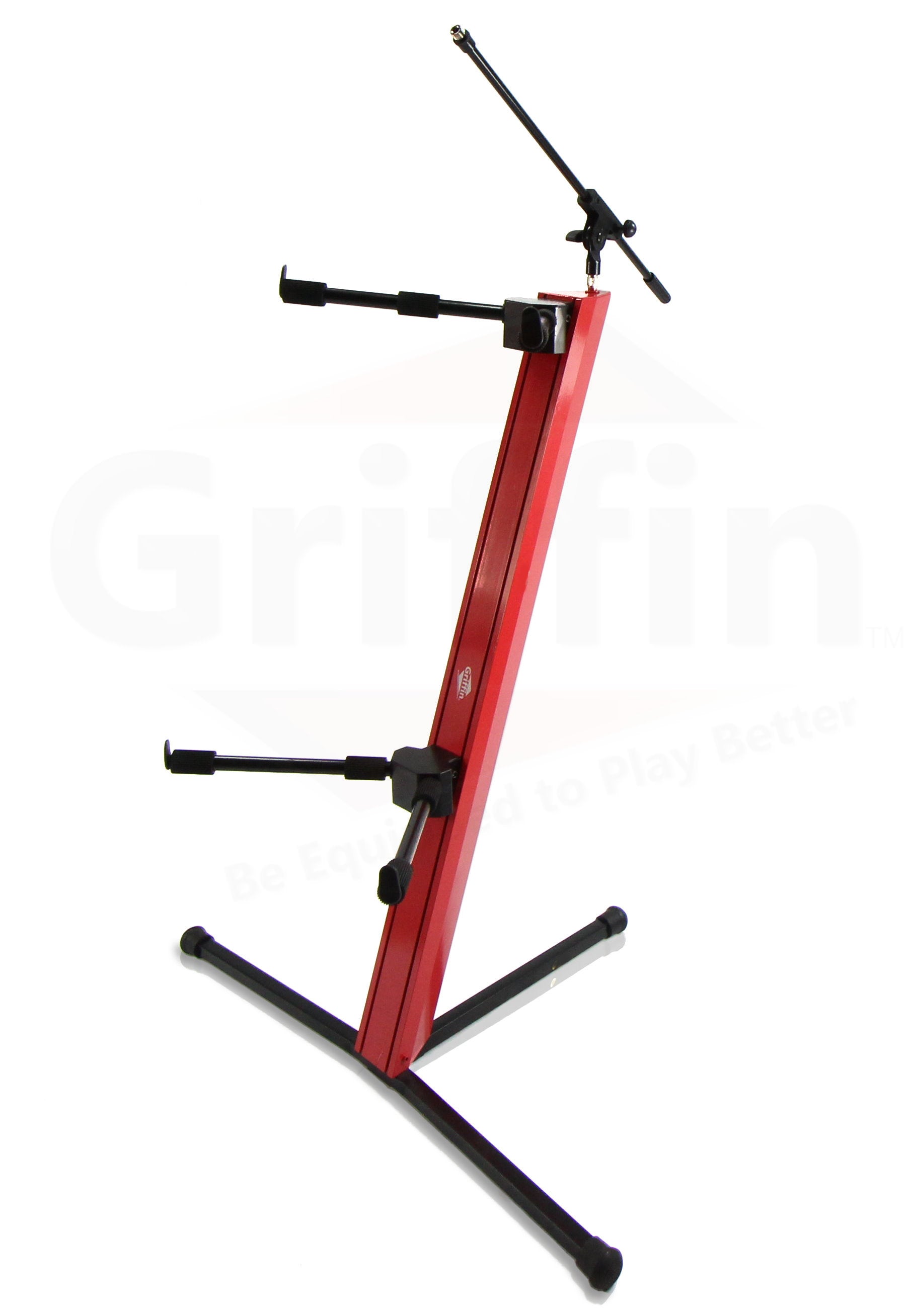 2-Tier Column Keyboard Stand with Mic Boom Arm by GRIFFIN | Double Sliding Multi Mounting Platform Red Stage Tower Rack | Holder for Digital Piano, Turntable, DJ Audio Gear, Studio Laptop Synthesizer GeekStands.com