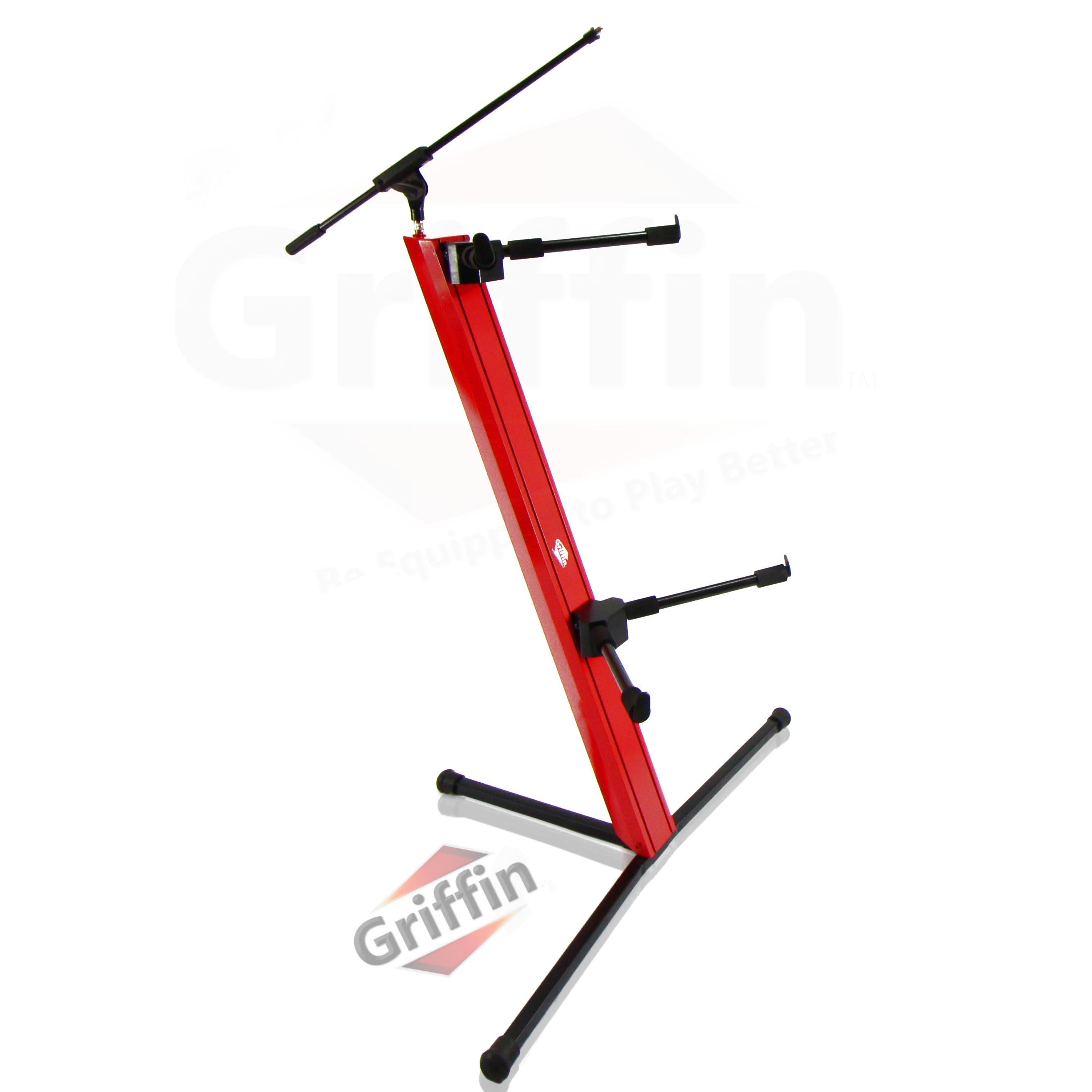 2-Tier Column Keyboard Stand with Mic Boom Arm by GRIFFIN | Double Sliding Multi Mounting Platform Red Stage Tower Rack | Holder for Digital Piano, Turntable, DJ Audio Gear, Studio Laptop Synthesizer GeekStands.com