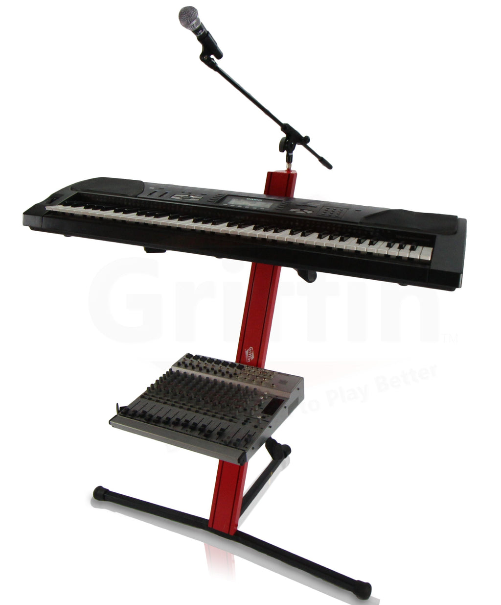 2-Tier Column Keyboard Stand with Mic Boom Arm by GRIFFIN - Double Sliding Multi Mounting Platform Red Stage Tower Rack - Holder for Digital Piano GeekStands.com