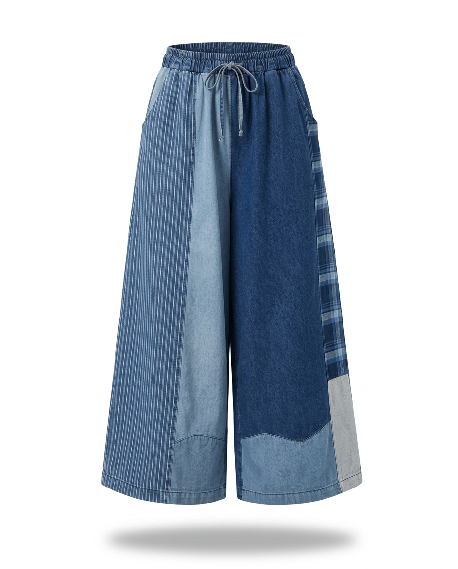 Unique Patchwork Wide Leg Trousers Boho Brown