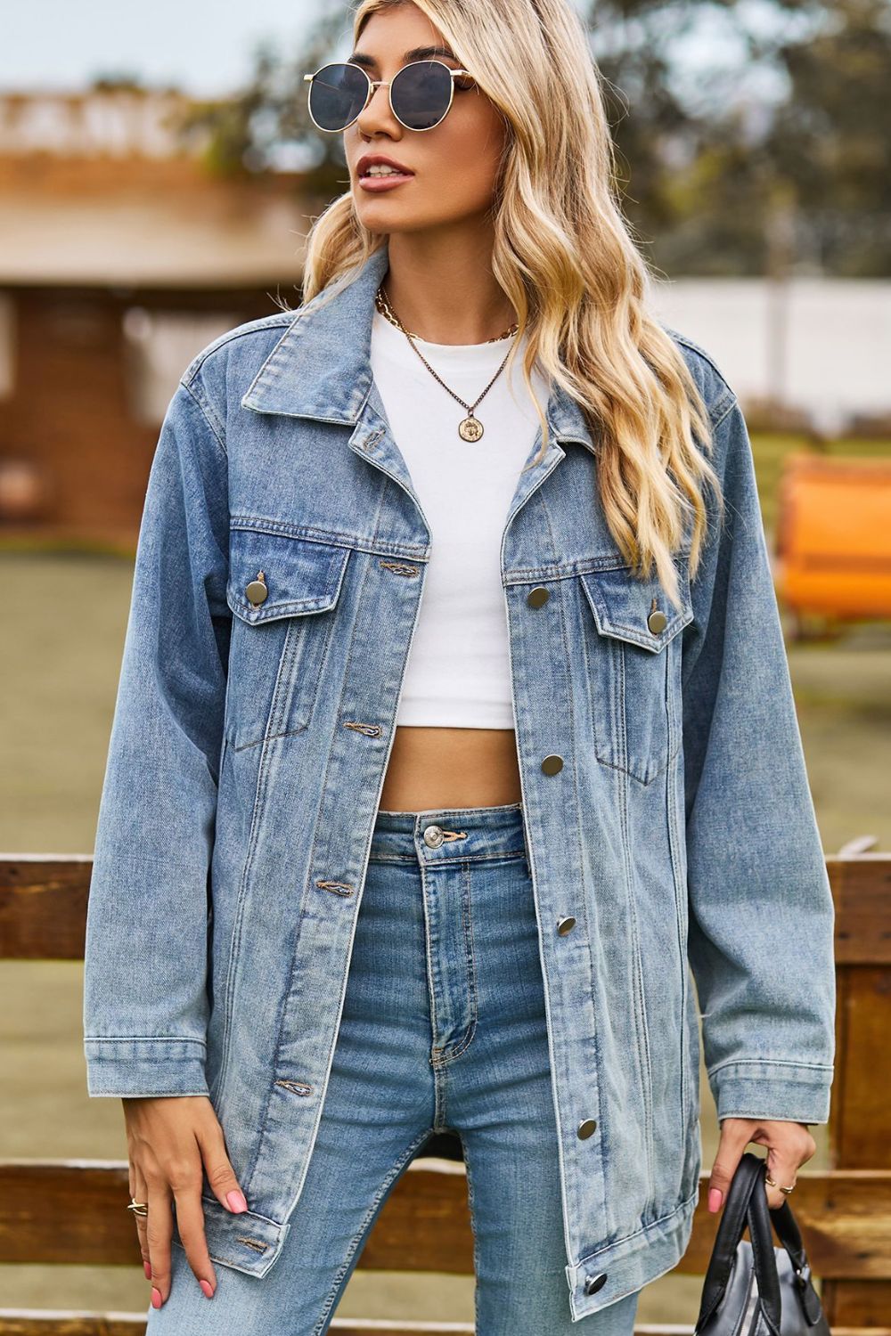 Women Buttoned Collared Neck Denim Jacket with Pockets NicholesGifts