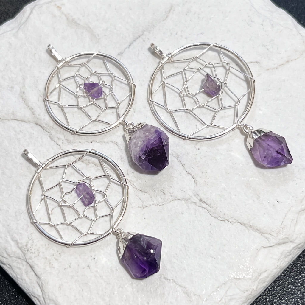 Dreamcatcher Pendant (Amethyst Crystal)(Silver Plated) Amazing Crystals
