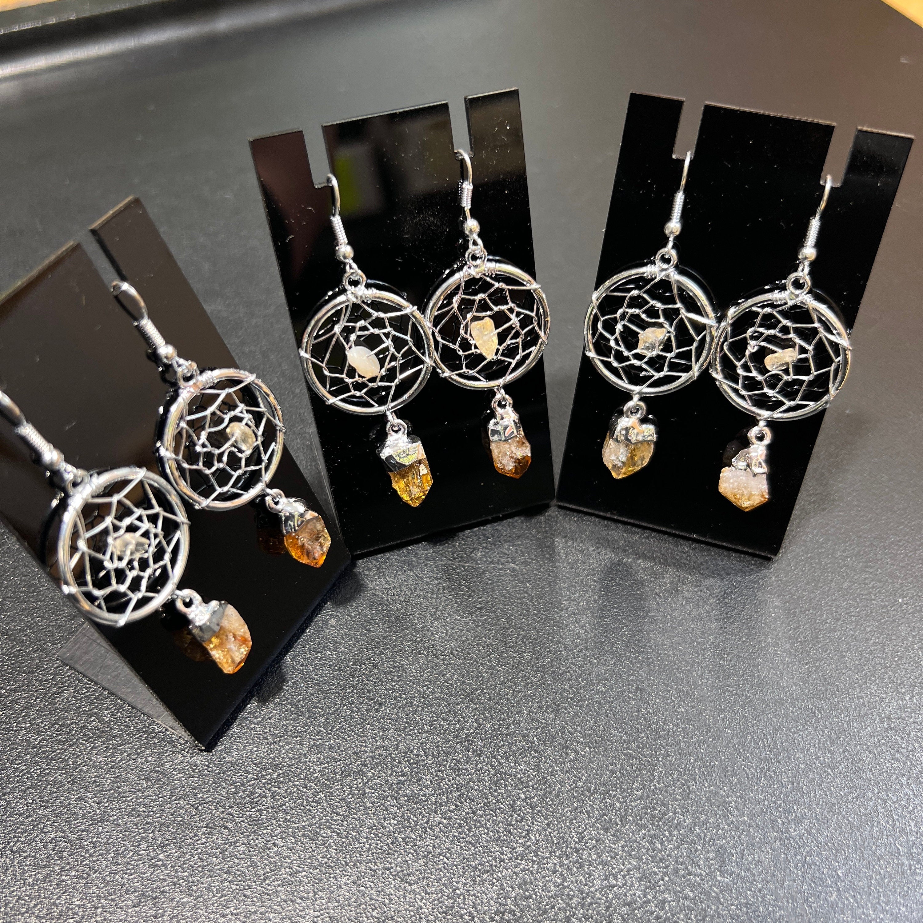 DreamCatcher Earrings Pair (Citrine Crystal)(Silver Plated)(Stainless Steel Hooks) Amazing Crystals