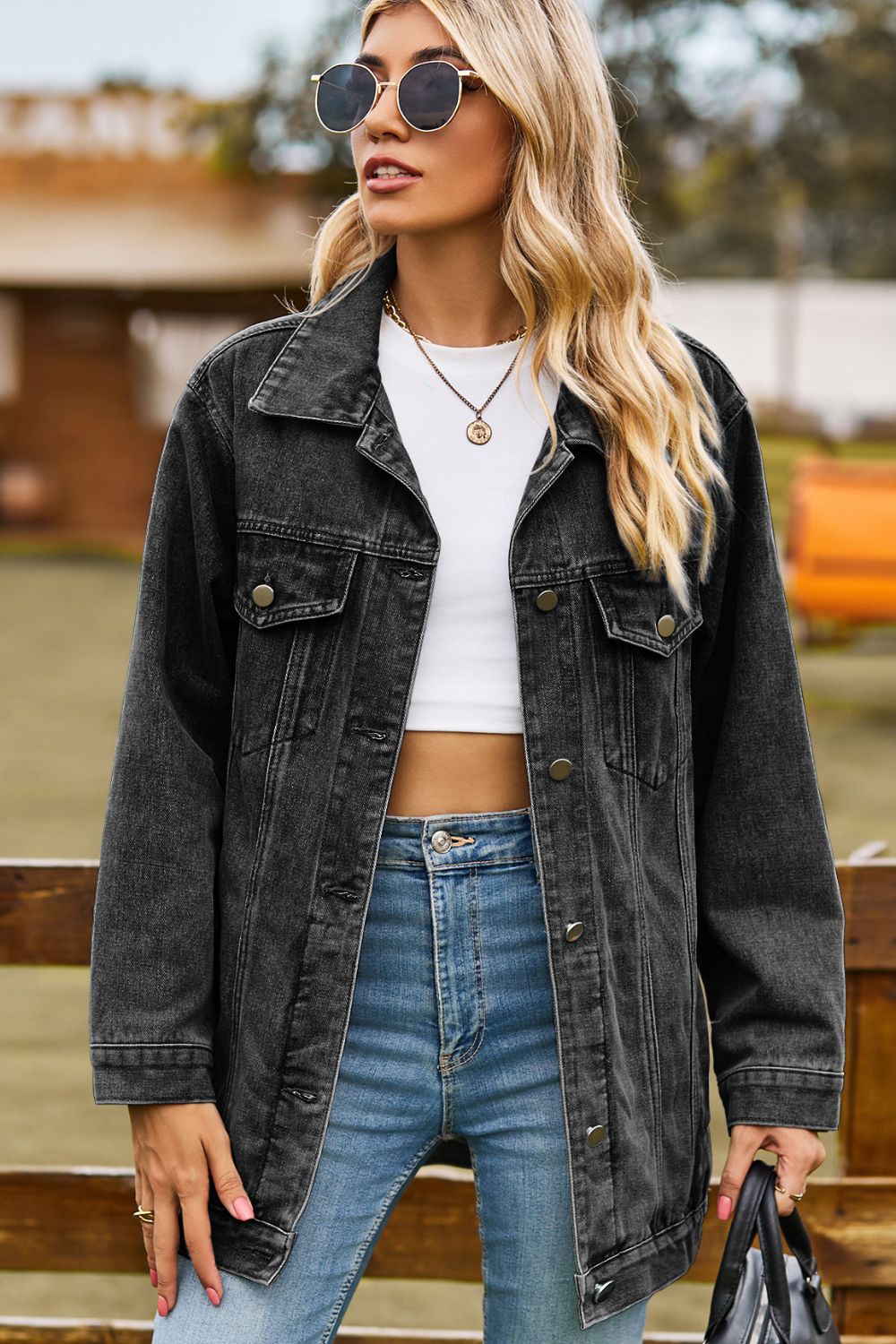 Women Buttoned Collared Neck Denim Jacket with Pockets NicholesGifts