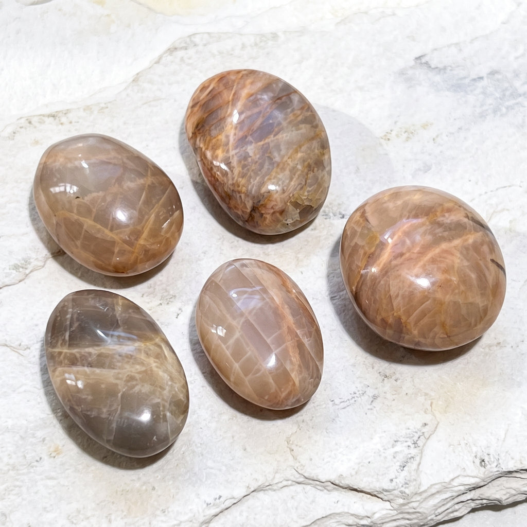 Peach Moonstone Flashy Palm Stone Carving Amazing Crystals