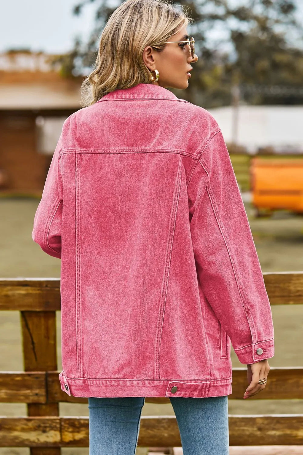 Women Buttoned Collared Neck Denim Jacket with Pockets NicholesGifts