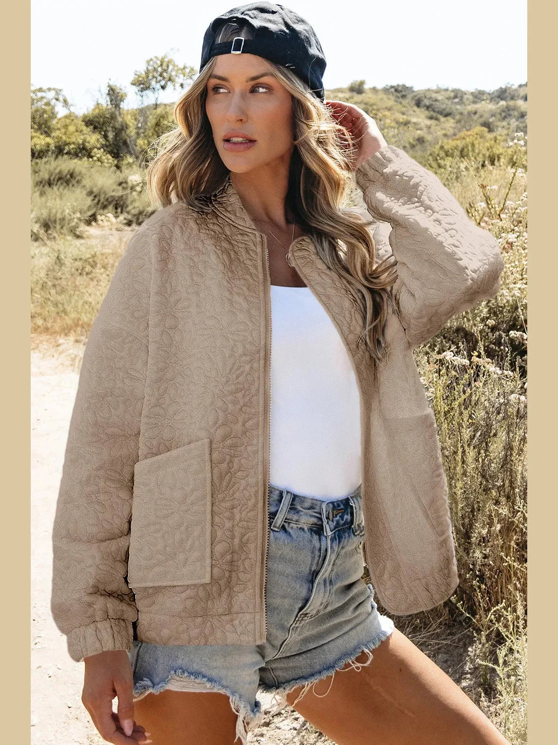 Baseball Collar Floral Quilted Jacket NicholesGifts