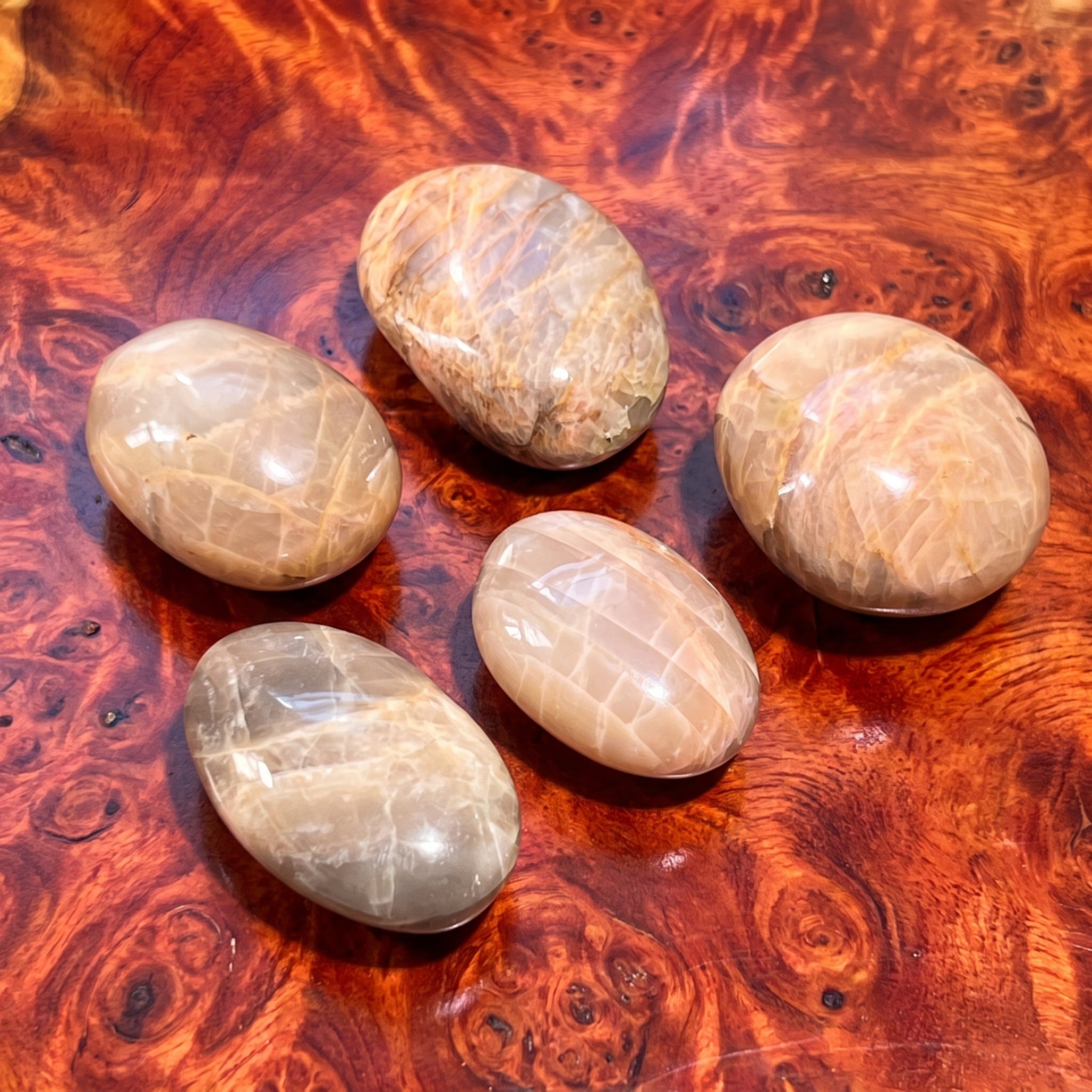Peach Moonstone Flashy Palm Stone Carving Amazing Crystals