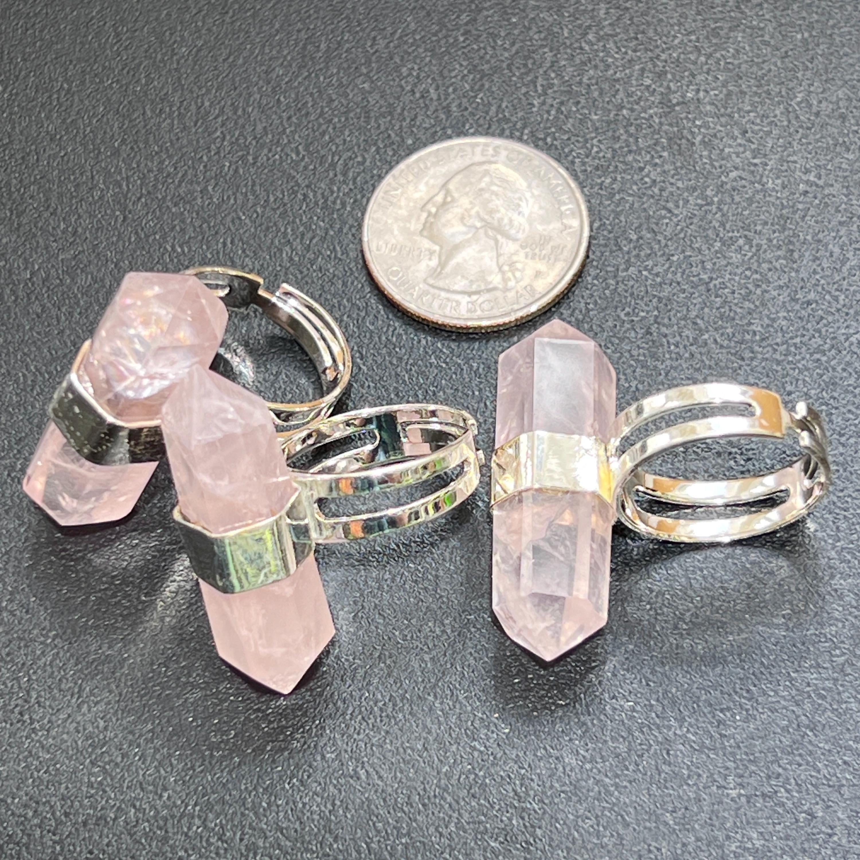 Pink Rose Quartz Crystal Point Adjustable Ring (Silver Plated) Costume Jewelry Supply Amazing Crystals