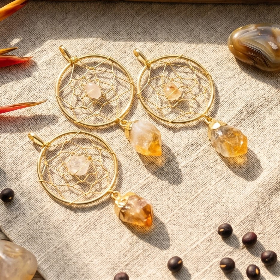 Dreamcatcher Pendant (Citrine Crystal Point)(Gold Plated) Amazing Crystals