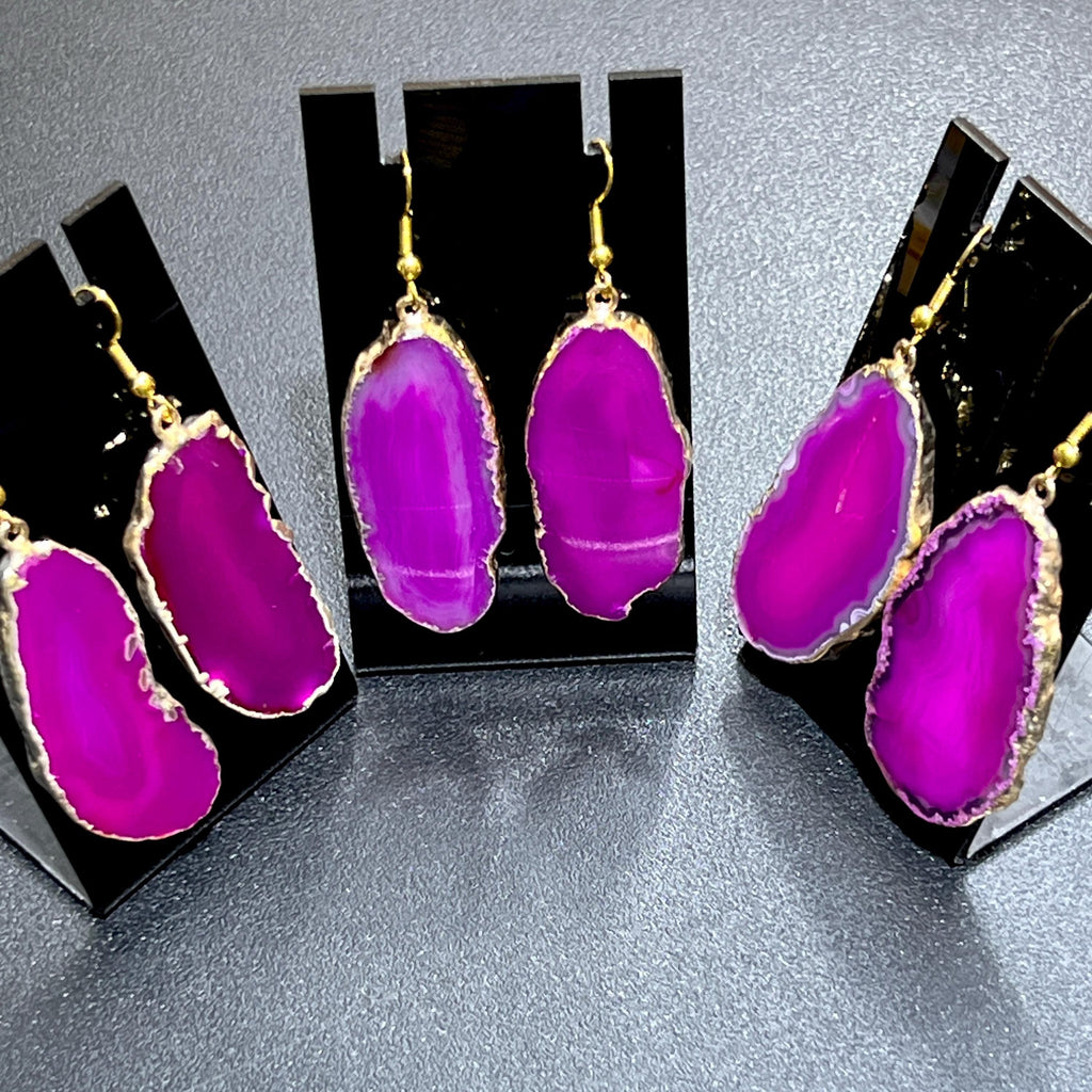 Pink Agate Slice Earrings Pair (Gold Plated Edges) Wholesale Gemstone Jewelry Amazing Crystals