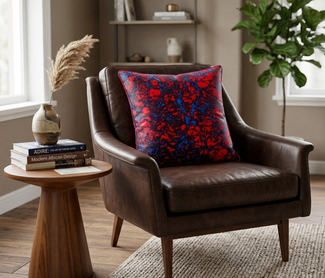 African Print Fabric Pillow Cover - Red Blue Marble Reflektion Design