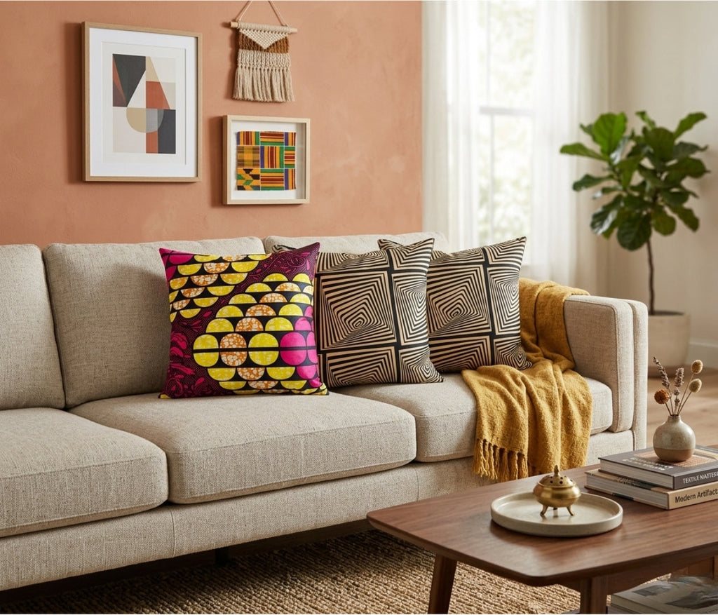 African Print Fabric Pillow Cover - Black Beige Abstract Pattern Reflektion Design
