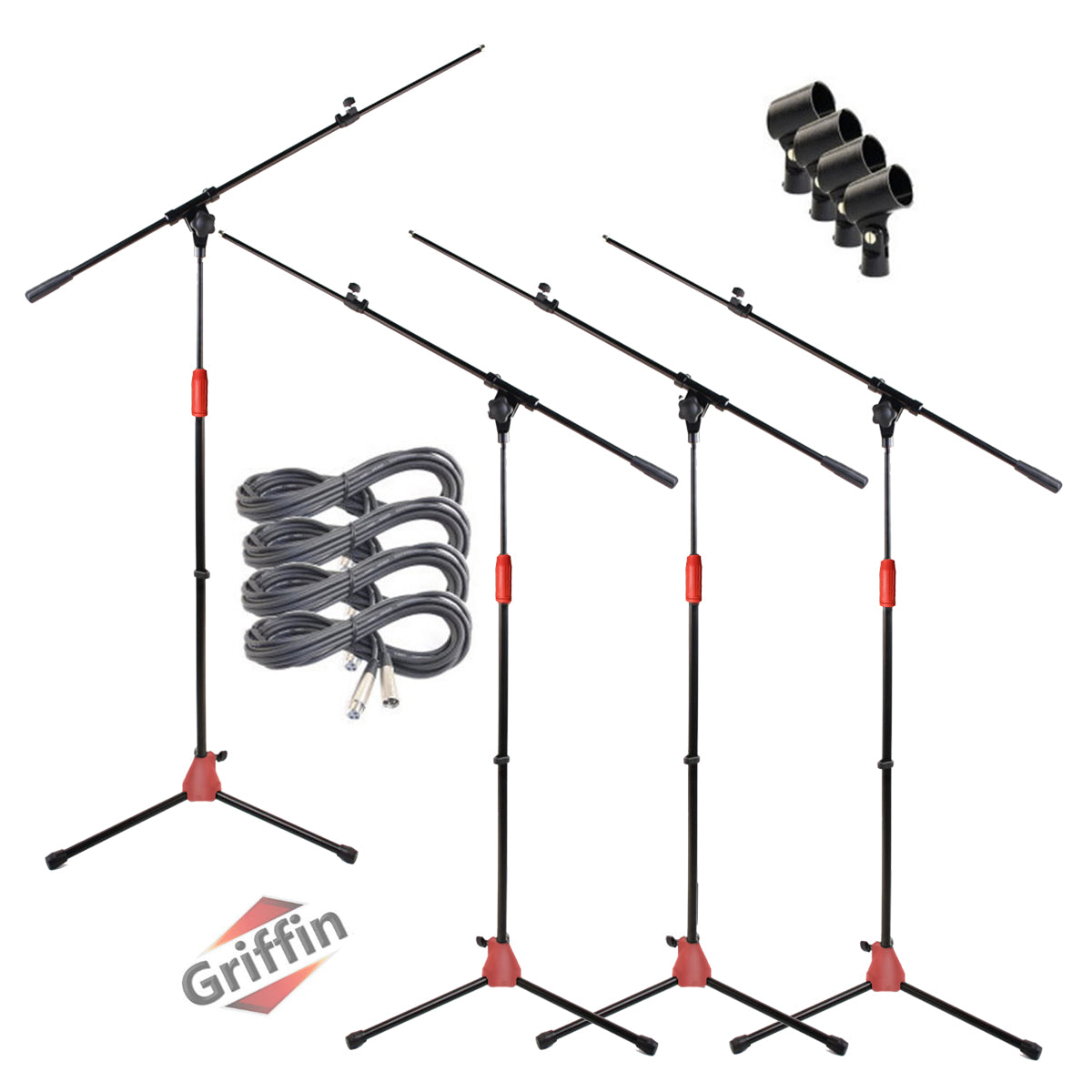 Telescoping Tripod Microphone Boom Stand with XLR Mic Cable & Clip (Pack of 4) by GRIFFIN - Premium Quality for Studio, Karaoke, Live Recording Studio GeekStands.com