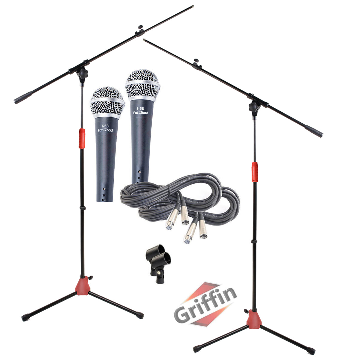GRIFFIN Microphone Boom Stand, Cardioid Dynamic Mic, XLR Cable, & Clip (Pack of 2) - Telescoping Arm Holder, Tripod Mount - Vocal Unidirectional GeekStands.com