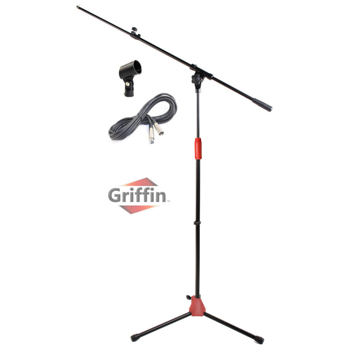 Microphone Stand with Telescoping Boom, XLR Cable and Mic Clip Package by GRIFFIN - Tripod Premium Quality for Studio, Karaoke, Live Stage Studio GeekStands.com