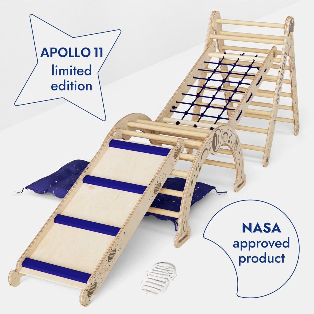 Apollo 5in1 Climbing Set:  Pikler Triangle, Net, Arch, Slide Board, and Cushion for Little Astronauts Goodevas B2B