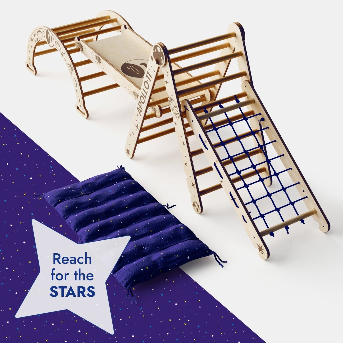 Apollo 5in1 Climbing Set:  Pikler Triangle, Net, Arch, Slide Board, and Cushion for Little Astronauts Goodevas B2B