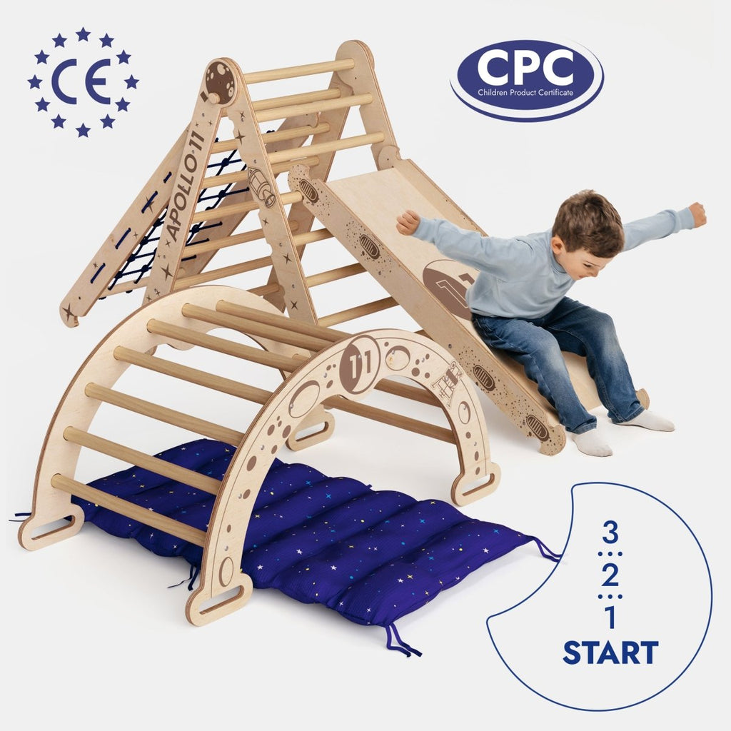 Apollo 5in1 Climbing Set:  Pikler Triangle, Net, Arch, Slide Board, and Cushion for Little Astronauts Goodevas B2B