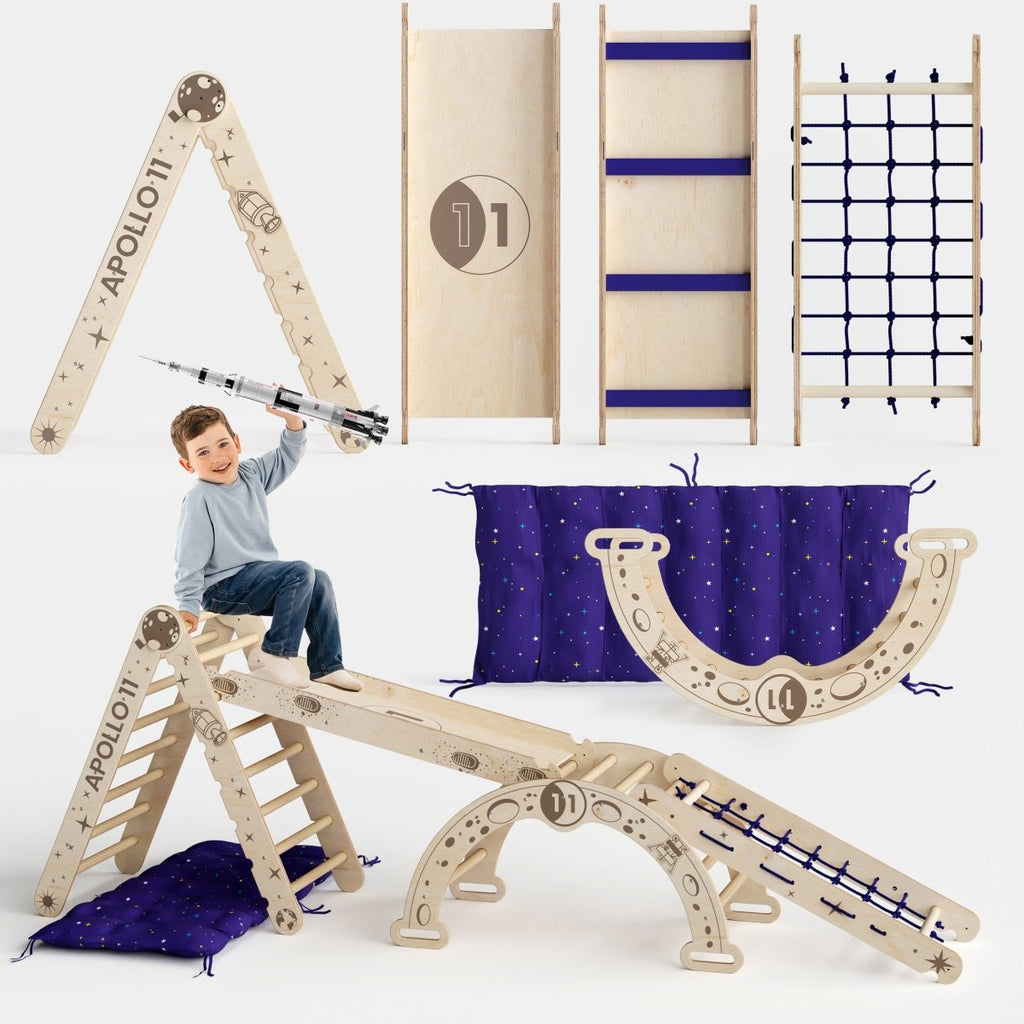 Apollo 5in1 Climbing Set:  Pikler Triangle, Net, Arch, Slide Board, and Cushion for Little Astronauts Goodevas B2B