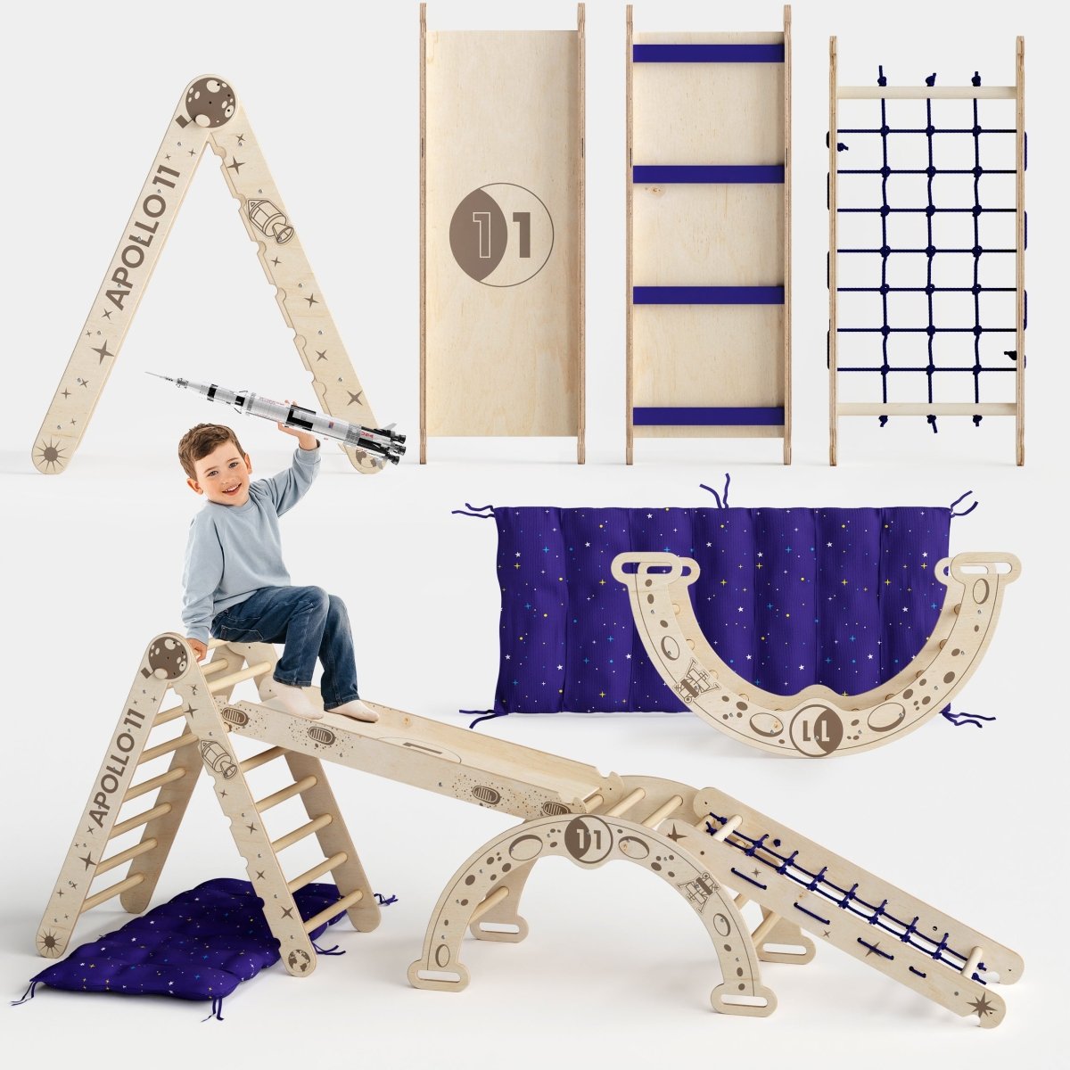Apollo 5in1 Climbing Set:  Pikler Triangle, Net, Arch, Slide Board, and Cushion for Little Astronauts Goodevas B2B