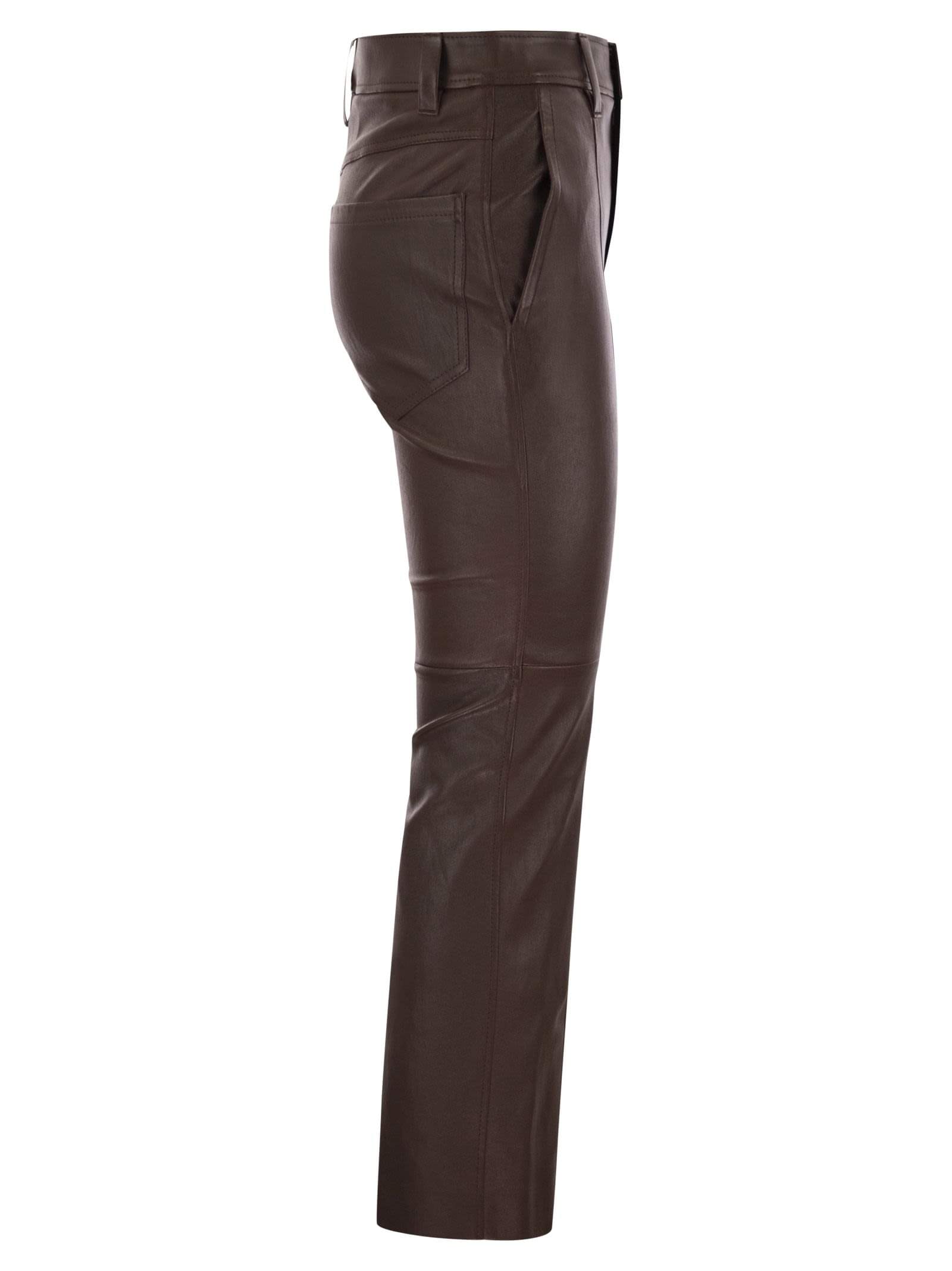 Brunello Cucinelli Women Stretch Nappa Leather Square Cigarette Trousers With Jewellery Luosophy