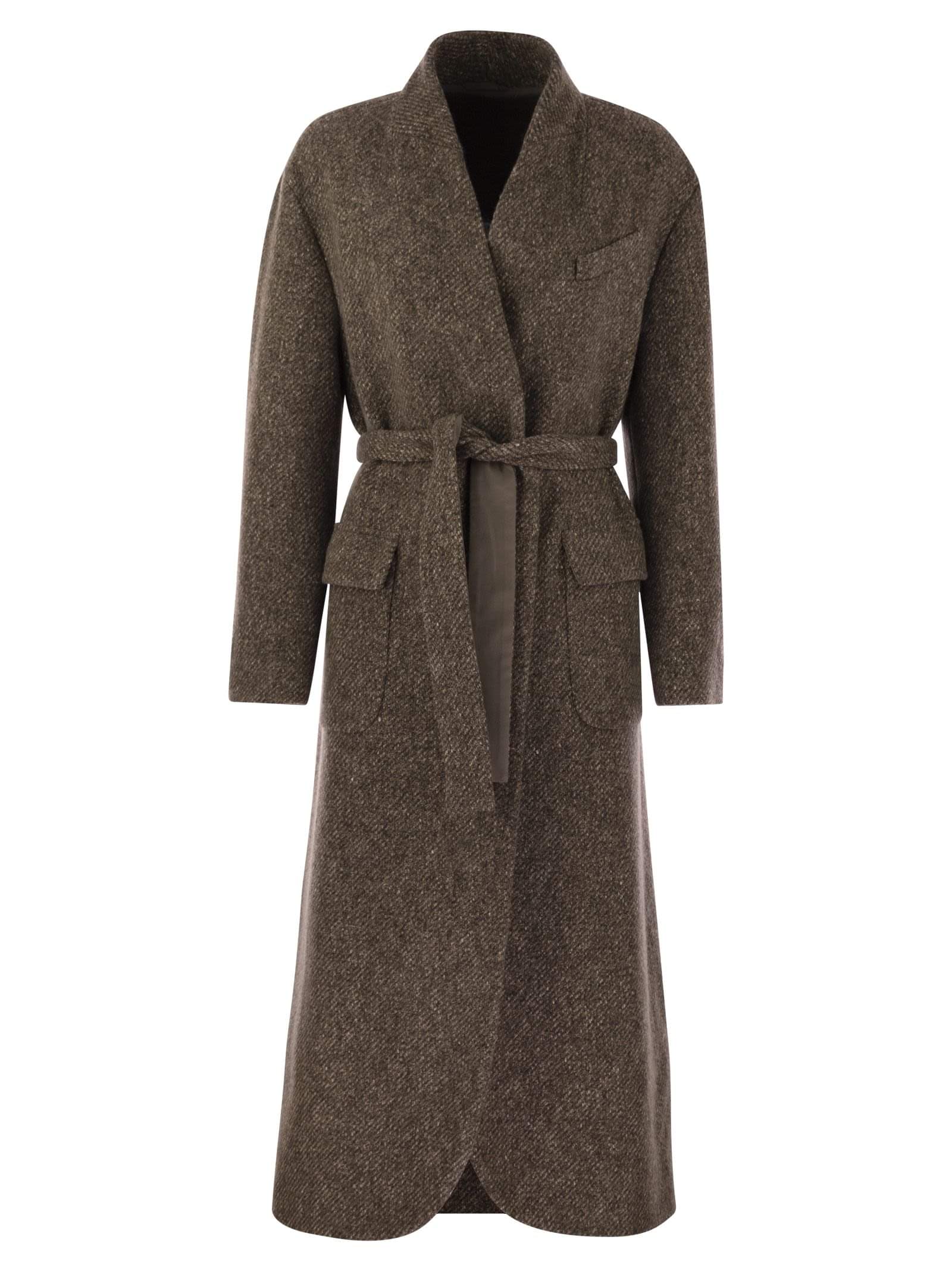 Brunello Cucinelli Women Wool And Cashmere Diagonal Mélange Coat With Belt And Necklace Luosophy