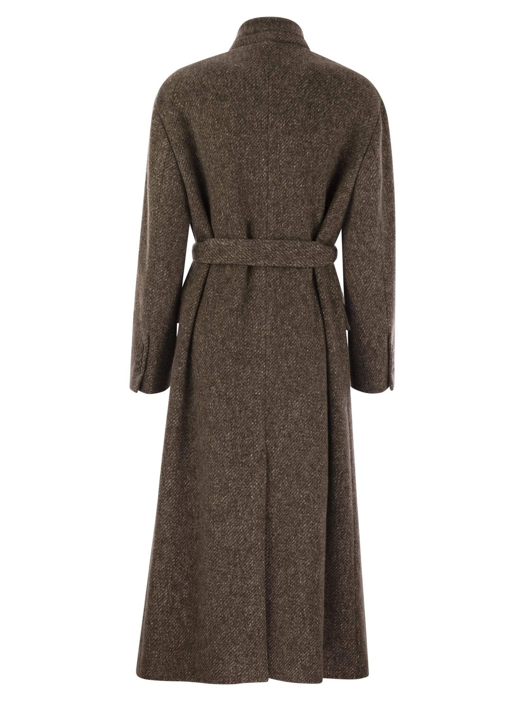 Brunello Cucinelli Women Wool And Cashmere Diagonal Mélange Coat With Belt And Necklace Luosophy