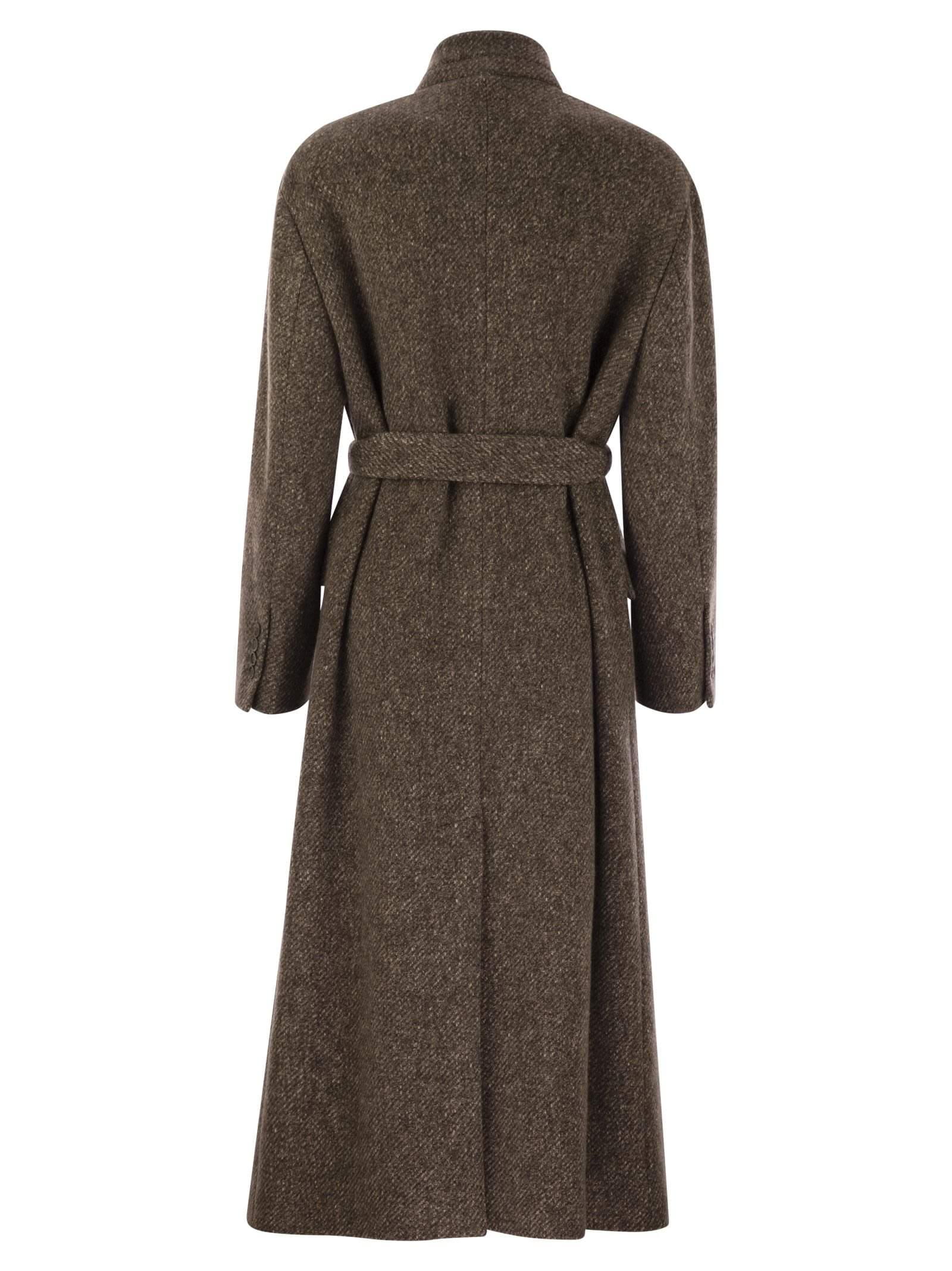 Brunello Cucinelli Women Wool And Cashmere Diagonal Mélange Coat With Belt And Necklace Luosophy