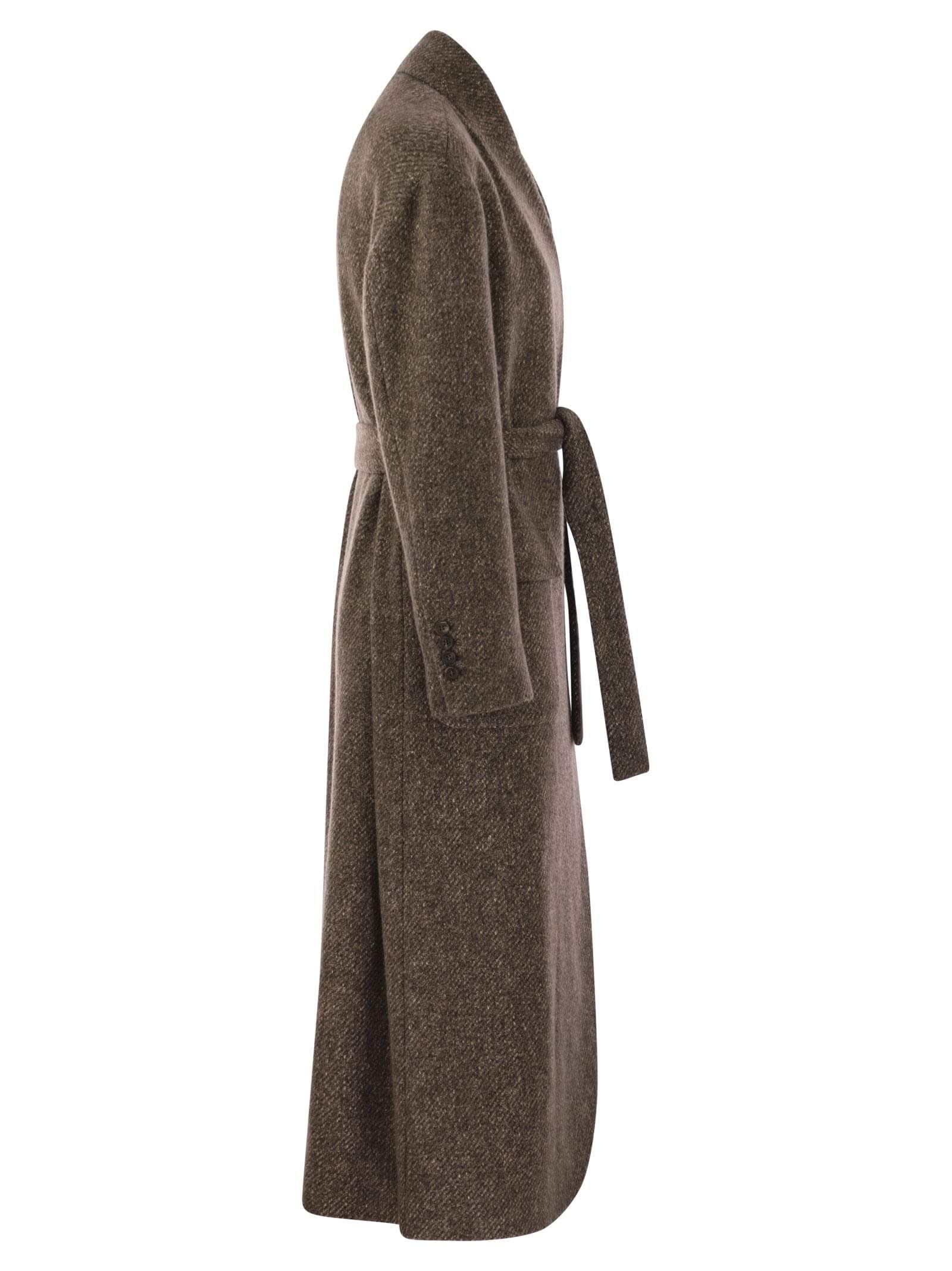 Brunello Cucinelli Women Wool And Cashmere Diagonal Mélange Coat With Belt And Necklace Luosophy