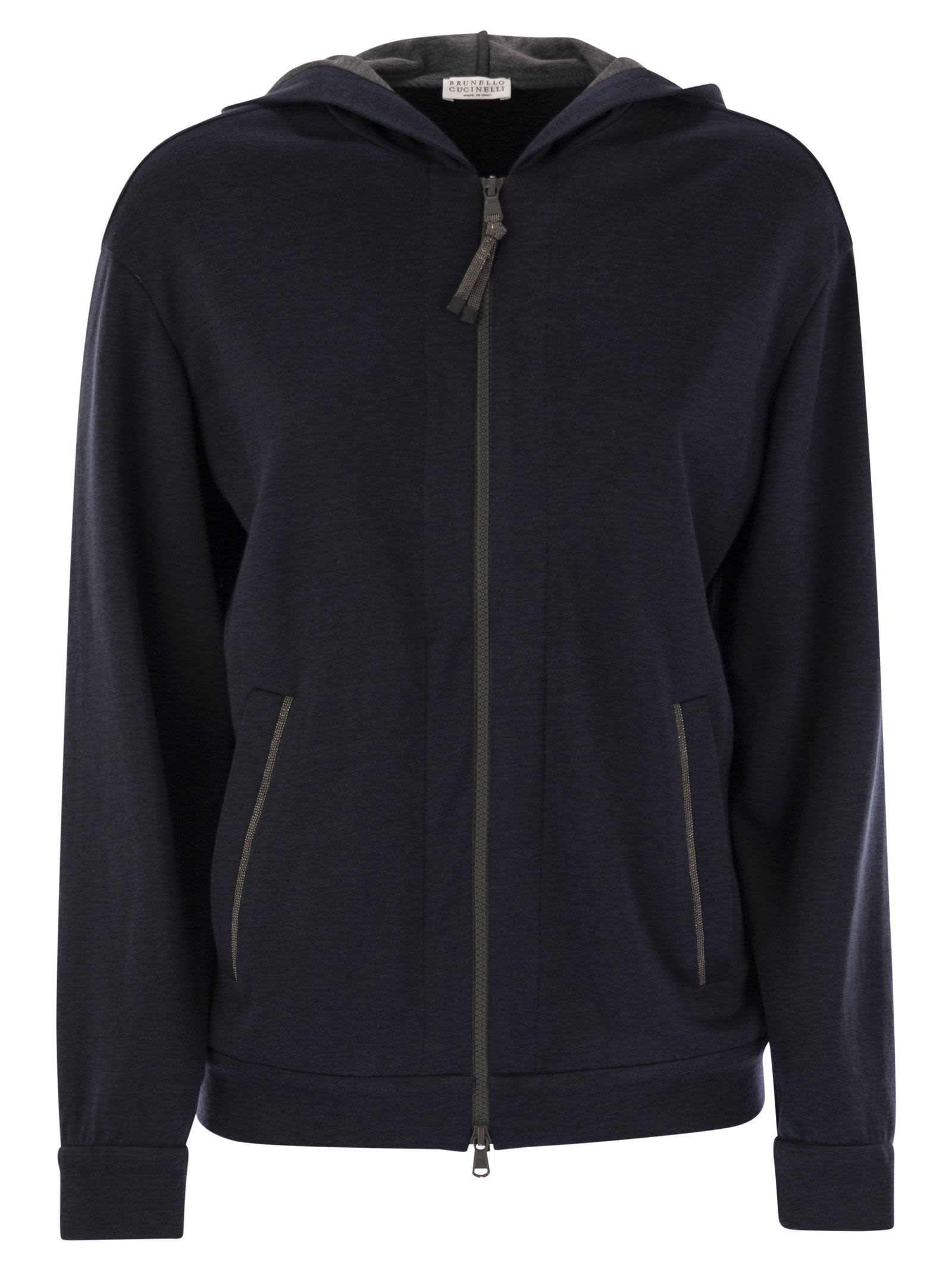 Brunello Cucinelli Women Cotton And Silk Interlock Hooded Topwear With Precious Stripe Luosophy