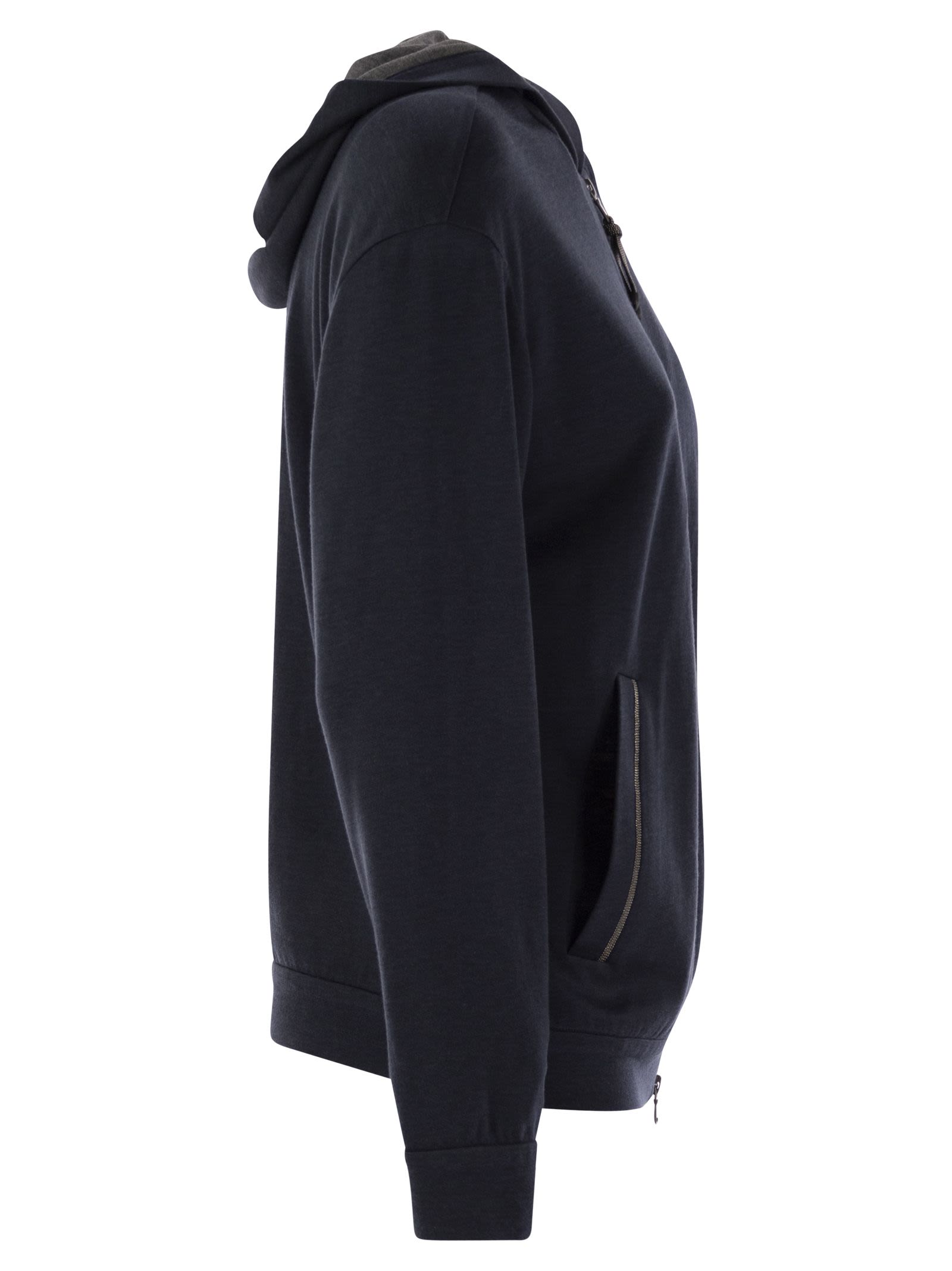 Brunello Cucinelli Women Cotton And Silk Interlock Hooded Topwear With Precious Stripe Luosophy
