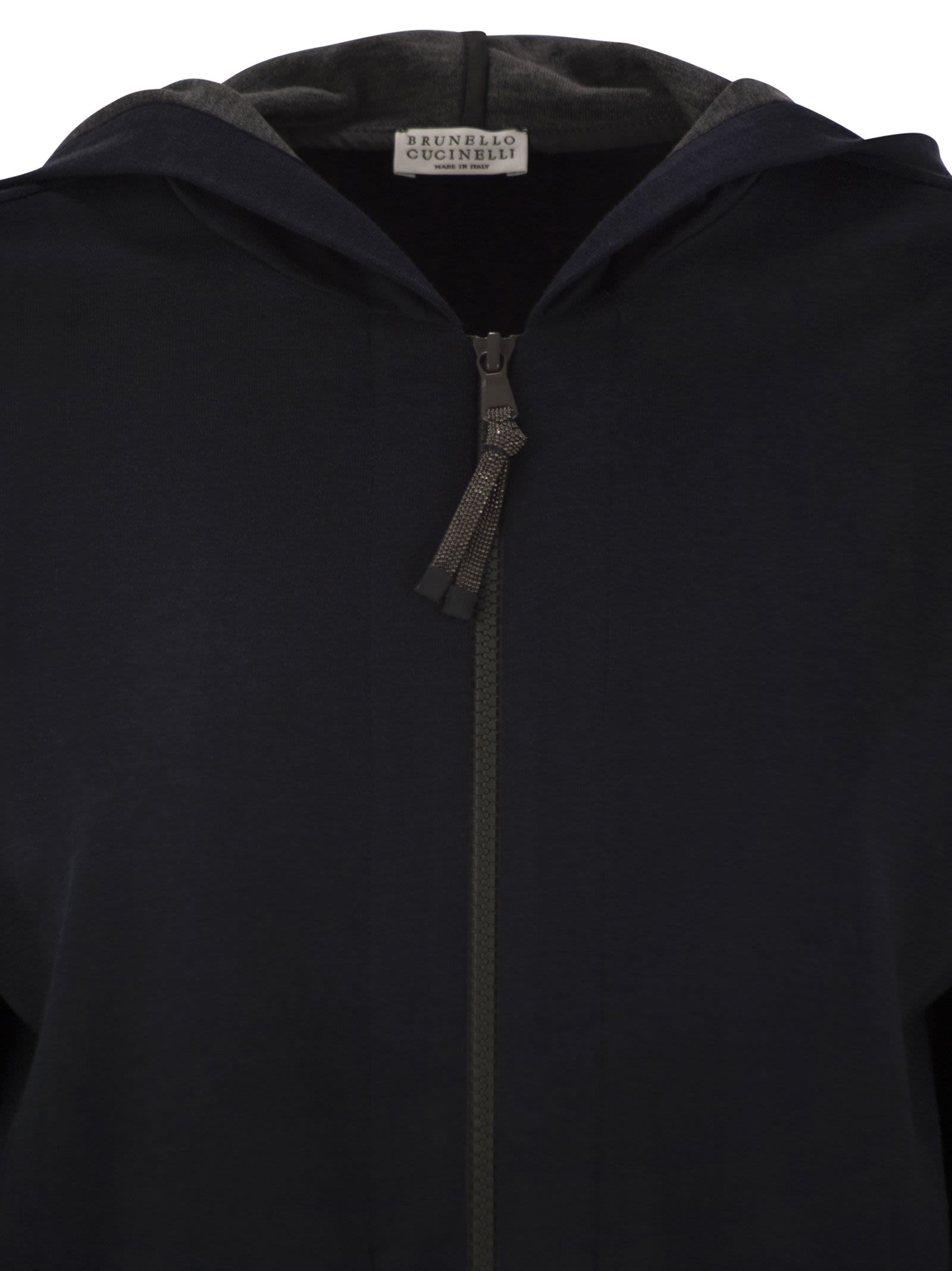 Brunello Cucinelli Women Cotton And Silk Interlock Hooded Topwear With Precious Stripe Luosophy