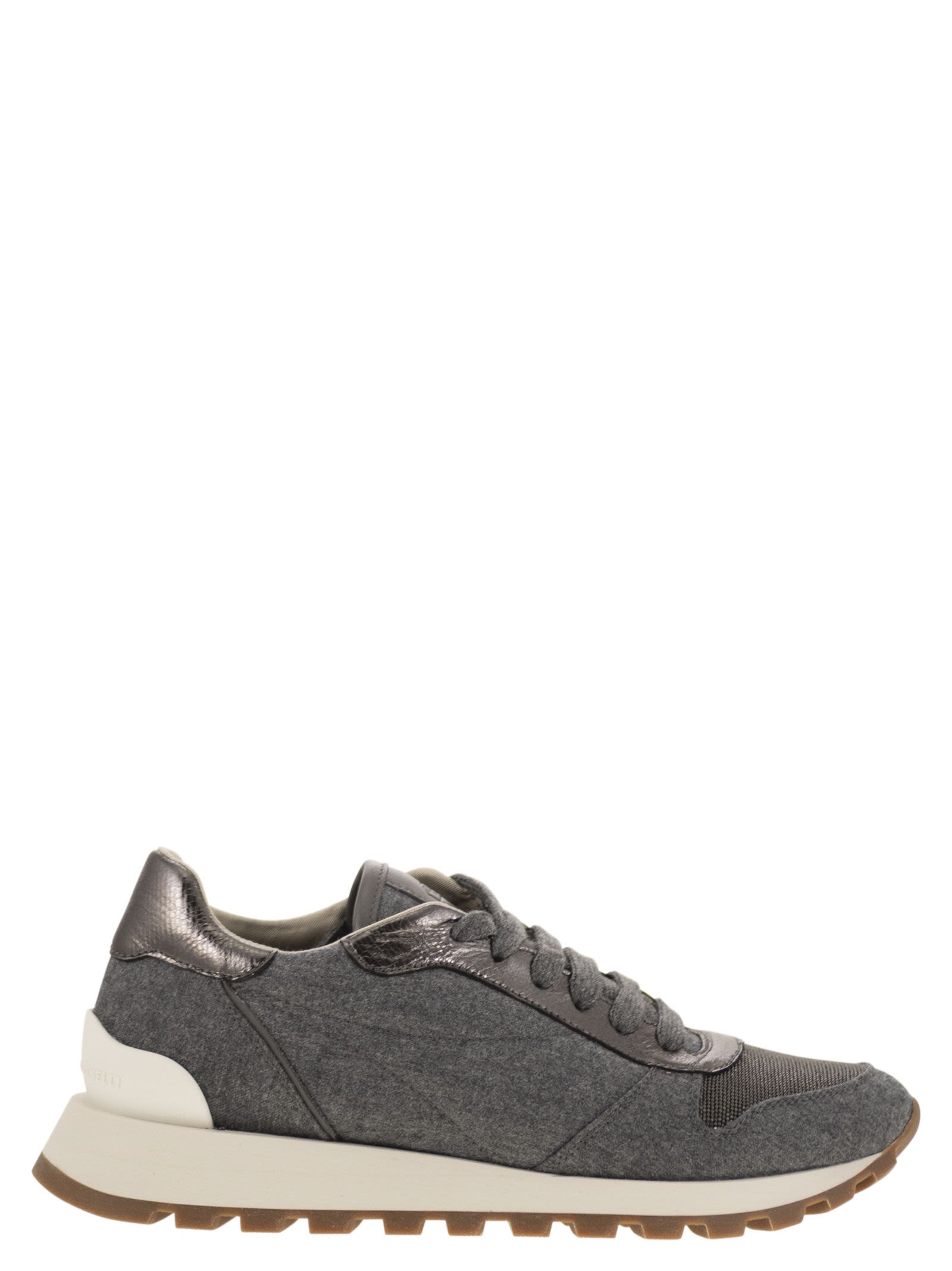 Brunello Cucinelli Women Runners In Virgin Wool Flannel And Lamé Calfskin With Precious Toe Luosophy