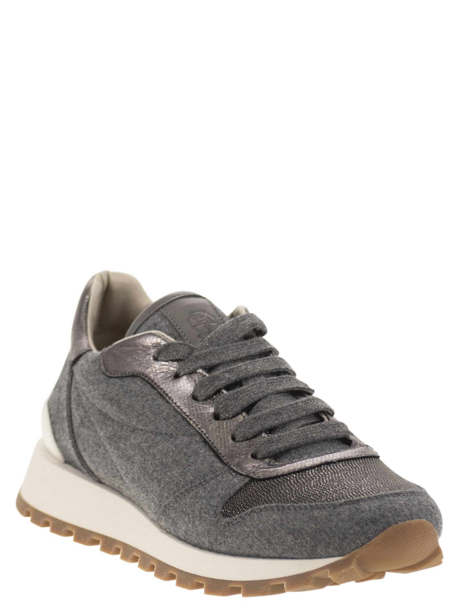 Brunello Cucinelli Women Runners In Virgin Wool Flannel And Lamé Calfskin With Precious Toe Luosophy