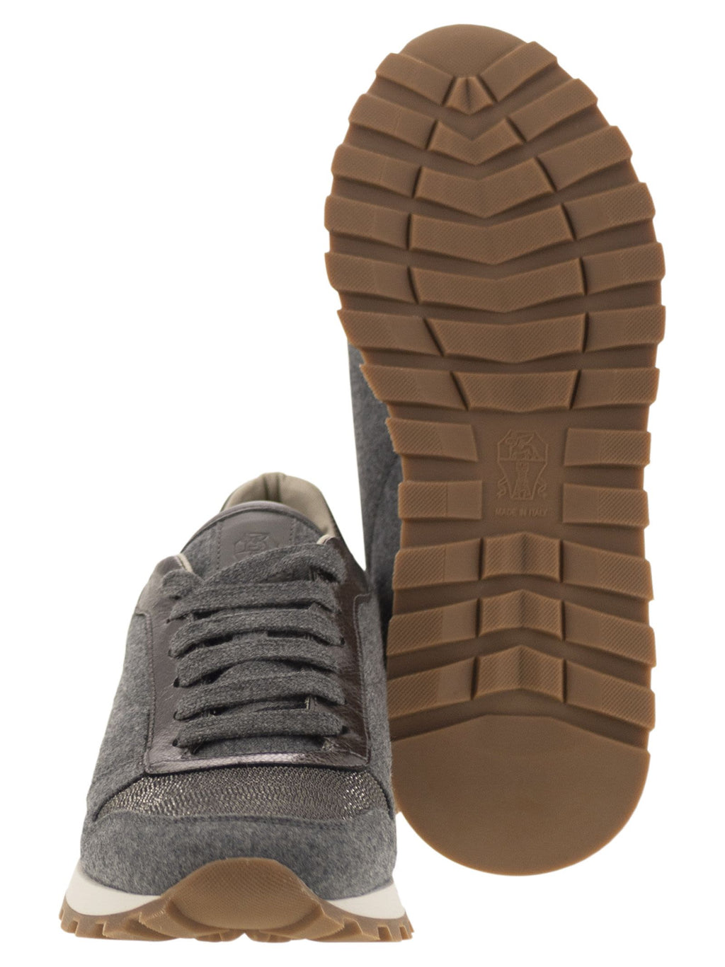 Brunello Cucinelli Women Runners In Virgin Wool Flannel And Lamé Calfskin With Precious Toe Luosophy