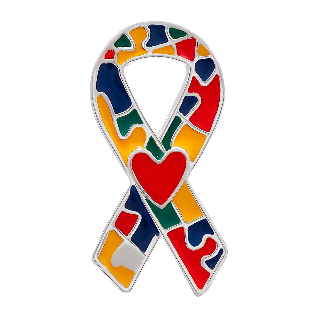 10 Pack Autism Puzzle Ribbon with Heart Pins The Awareness Company