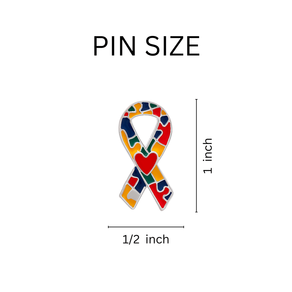10 Pack Autism Puzzle Ribbon with Heart Pins The Awareness Company