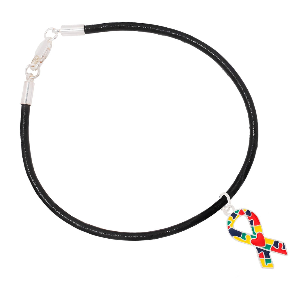 Autism Ribbon with Red Heart Design Leather Cord Bracelets The Awareness Company