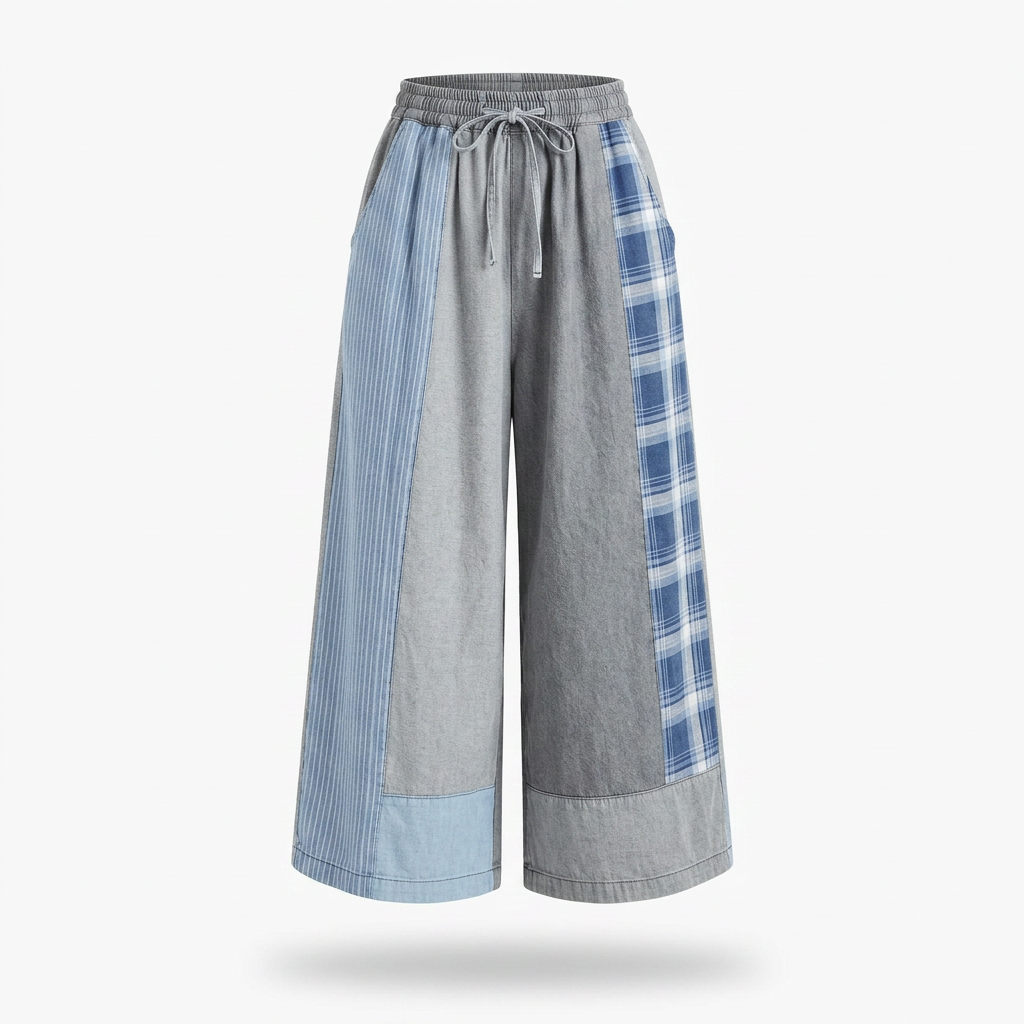 Unique Patchwork Wide Leg Trousers Boho Brown