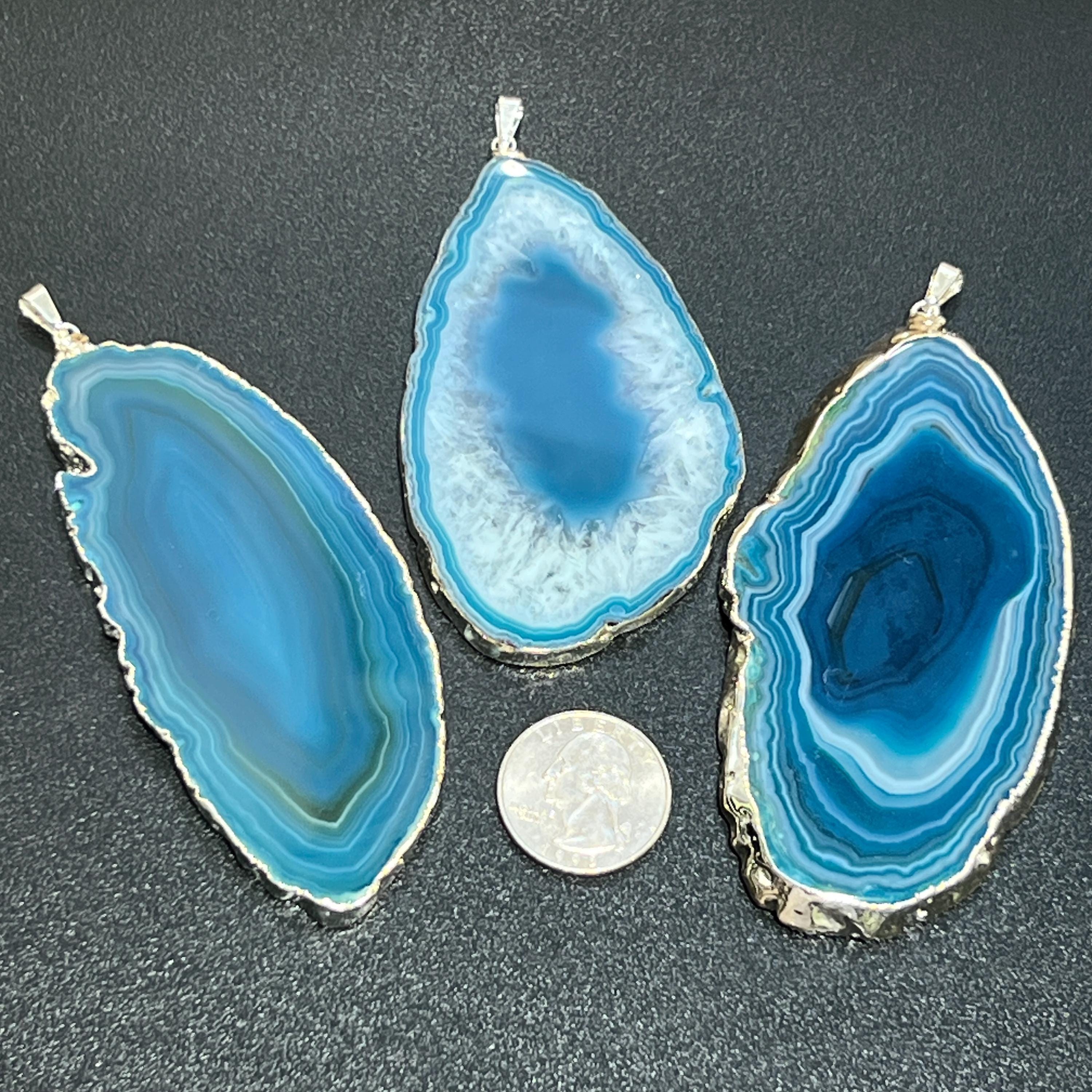 Large Teal Agate Slice Pendant (Silver Plated Edges) Wholesale Amazing Crystals