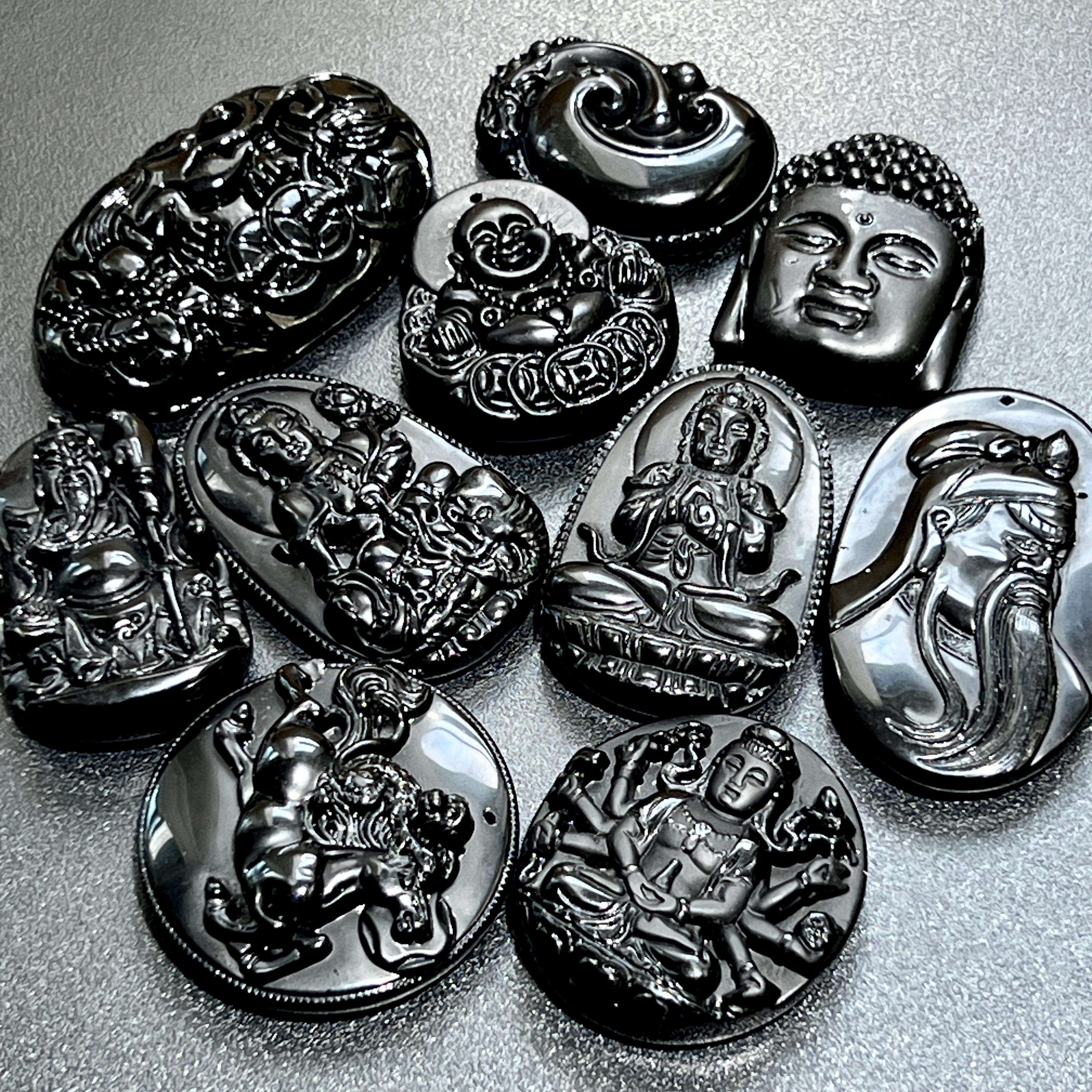 Mixed Large Black Obsidian Drilled Beads Medallion Wafer Carving Wholesale Amazing Crystals