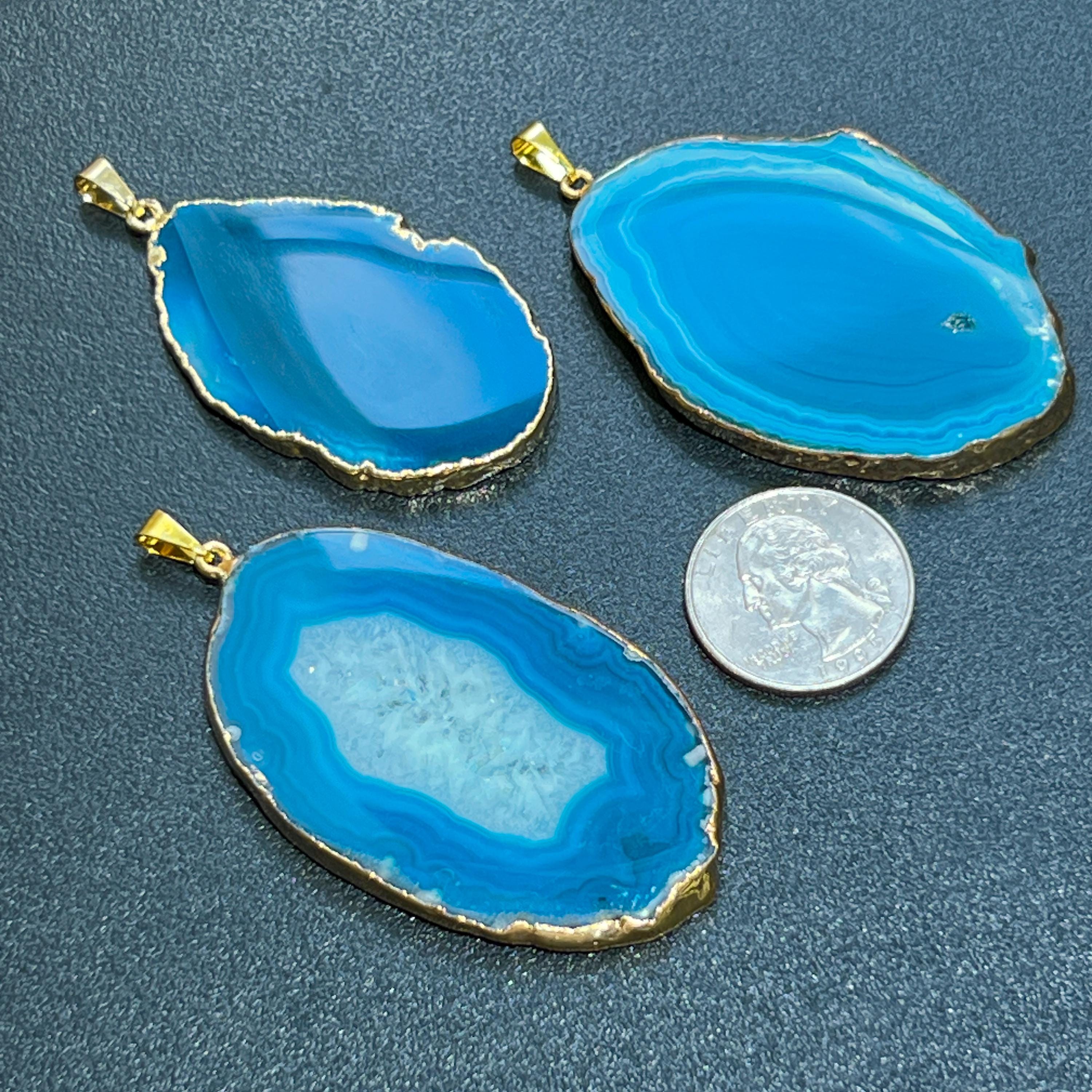 Teal Agate Slice Pendant (Gold Plated Edges) Amazing Crystals