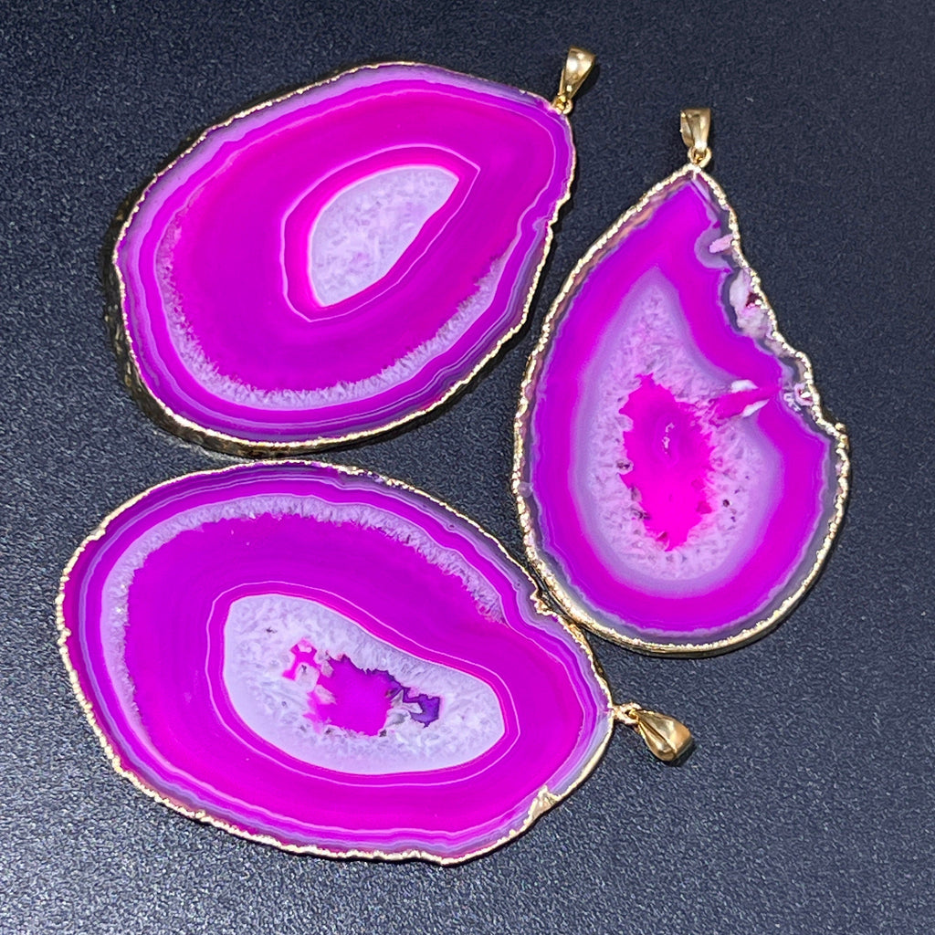 Large Pink Agate Slice Crystal Pendant (Gold Plated) Wholesale Amazing Crystals
